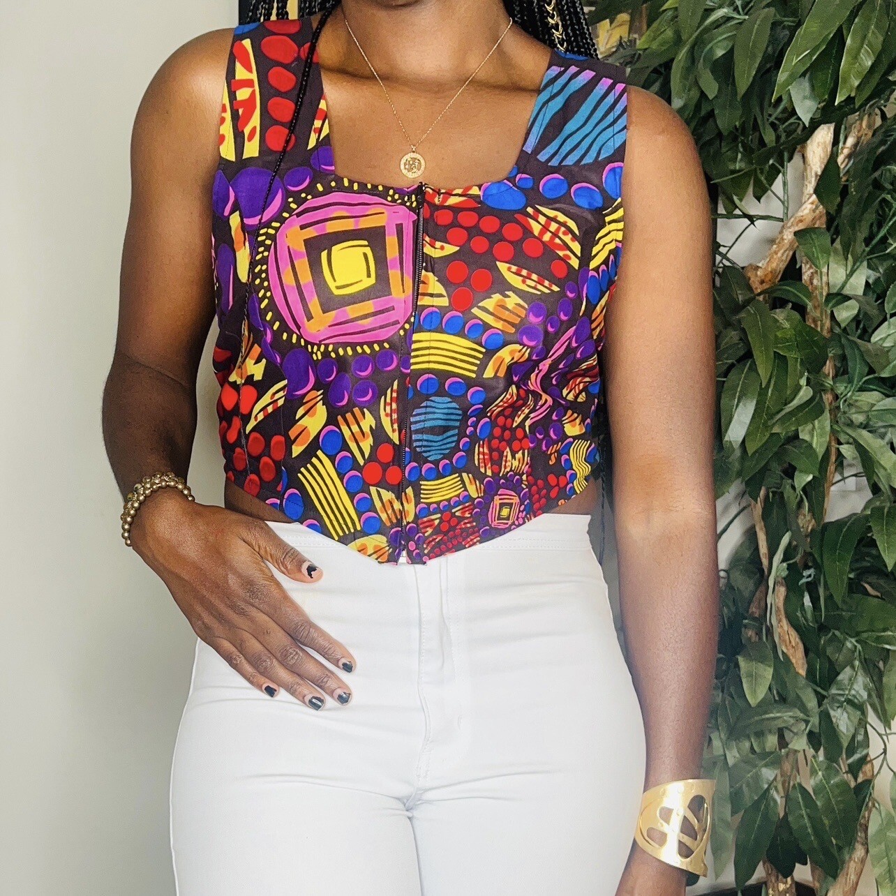 (XL) Colorful African Print Women Square Collar Sleeveless Blouse