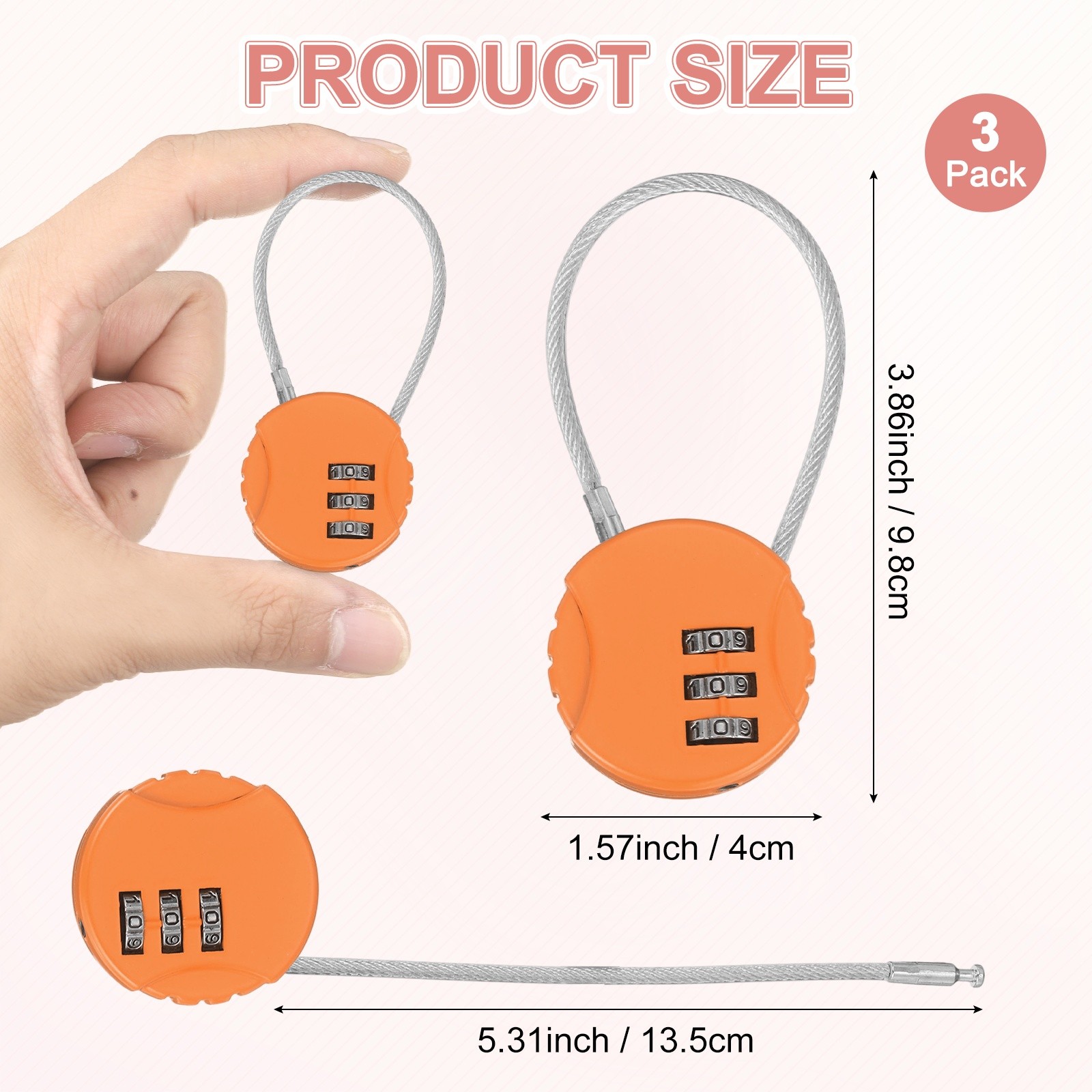 3-Pack Combination Locker Lock, 3 Digit Padlock for Gym/Luggage [Orange]