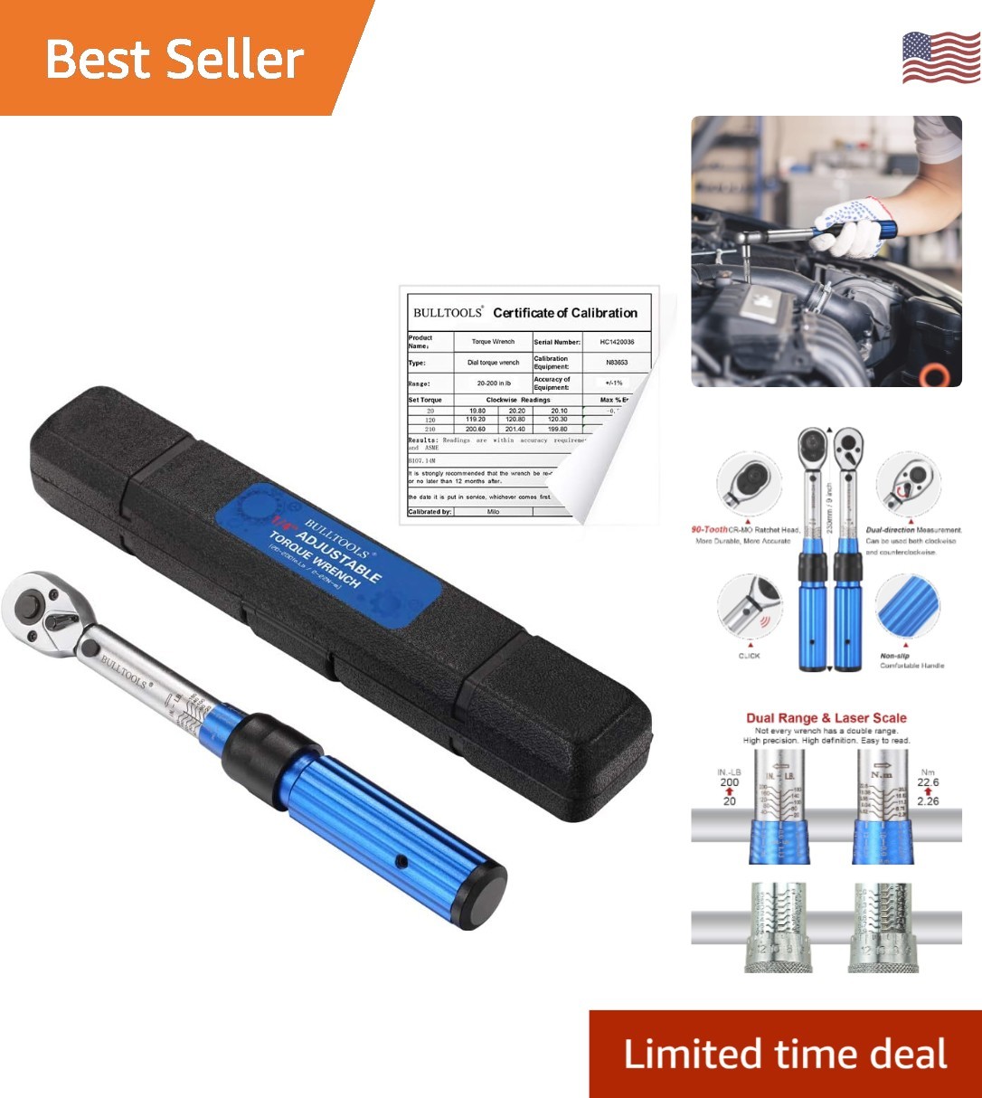 Industrial Grade 1/4 Inch Drive Torque Wrench 20-200 In.lb - Versatile & Precise