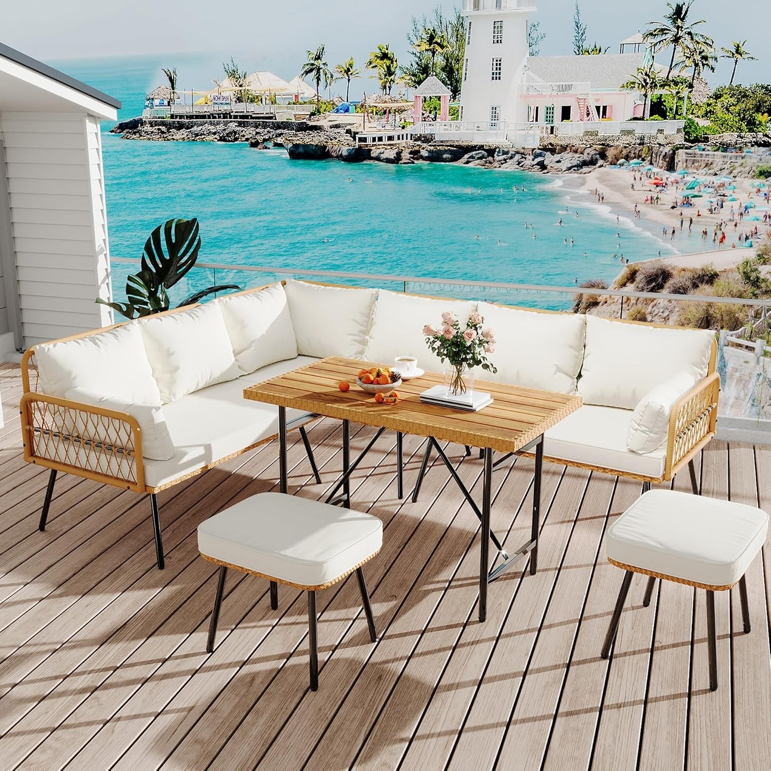 6 Pieces Patio Furniture Set with Table, Rattan Patio Sectional L-Shaped Sofa