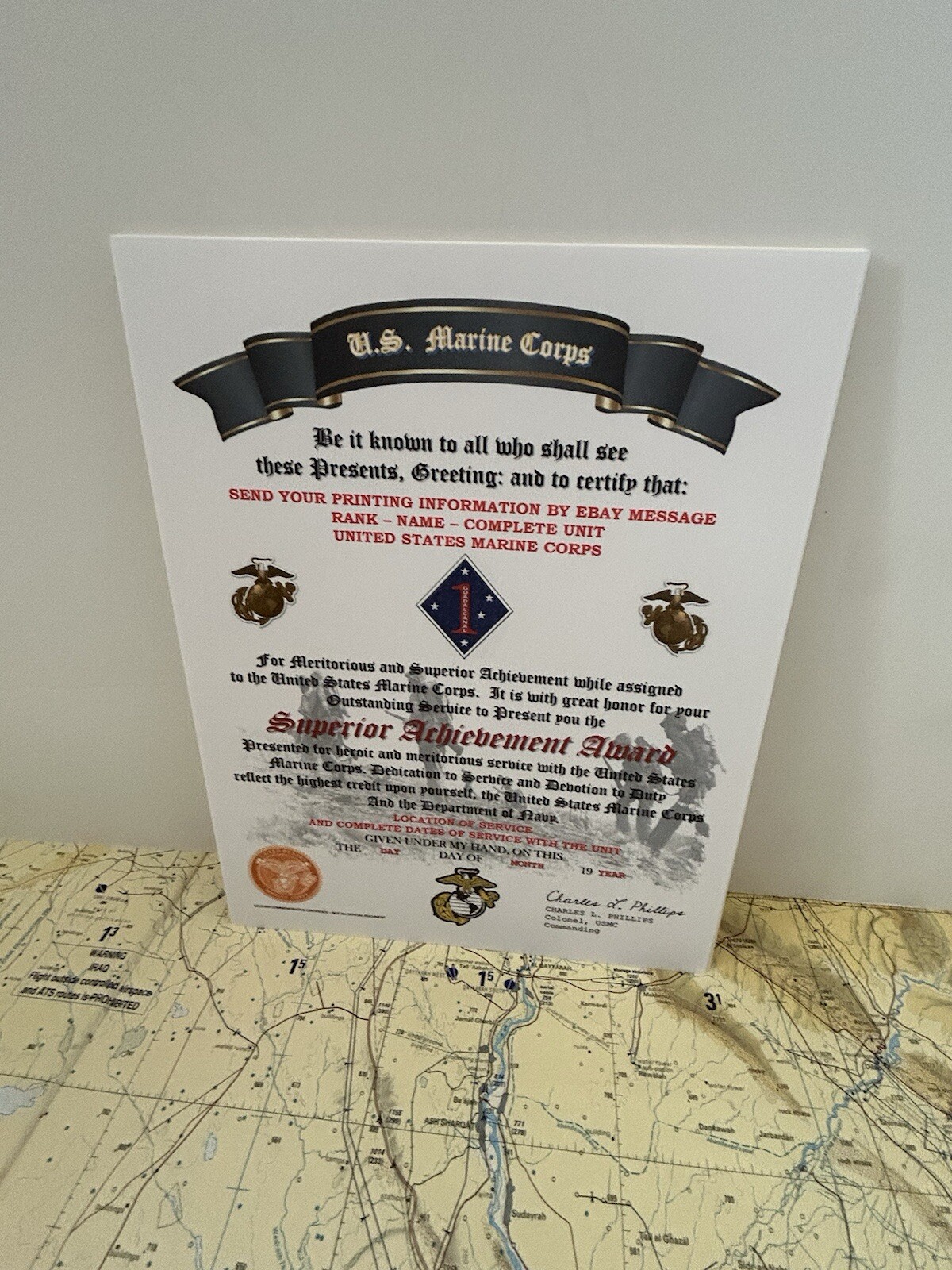 U.S.M.C. / SUPERIOR ACHIEVEMENT AWARD - 1ST MARINE DIVISION / CERTIFICATE