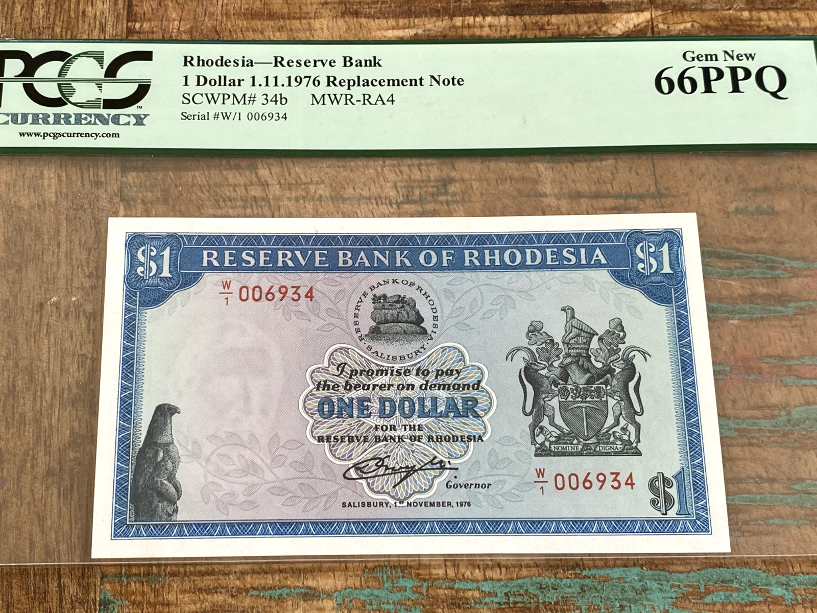 Rhodesia Reserve Bank 1 Dollar 1976 34b RA4 1.11.1976 PCGS 66PPQ - REPLACEMENT
