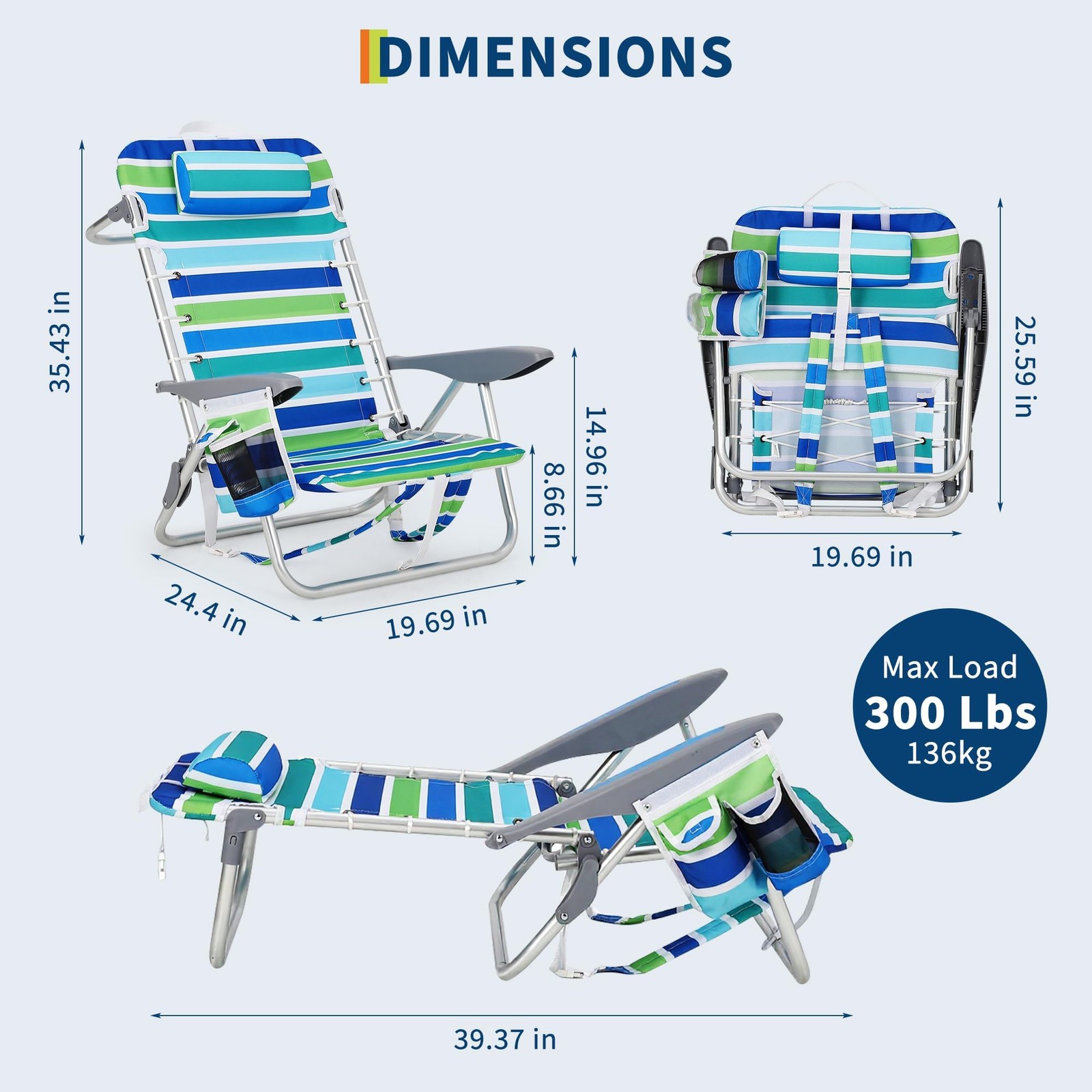 Portable Reclining Backpack Beach Chair for Adults Folding Outdoor Lounge Chair