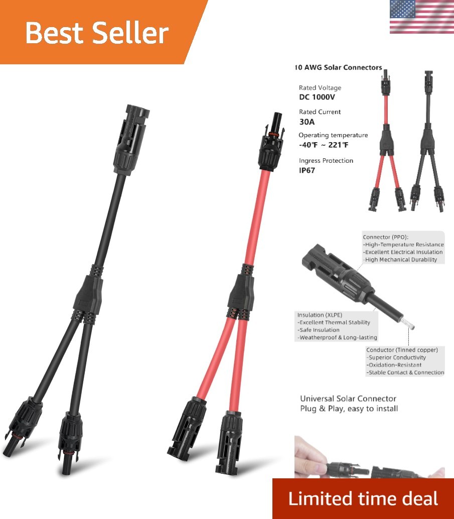 Solar Connectors Y Branch Parallel Adapter 10AWG Cable for Solar Panel (Red & Bl