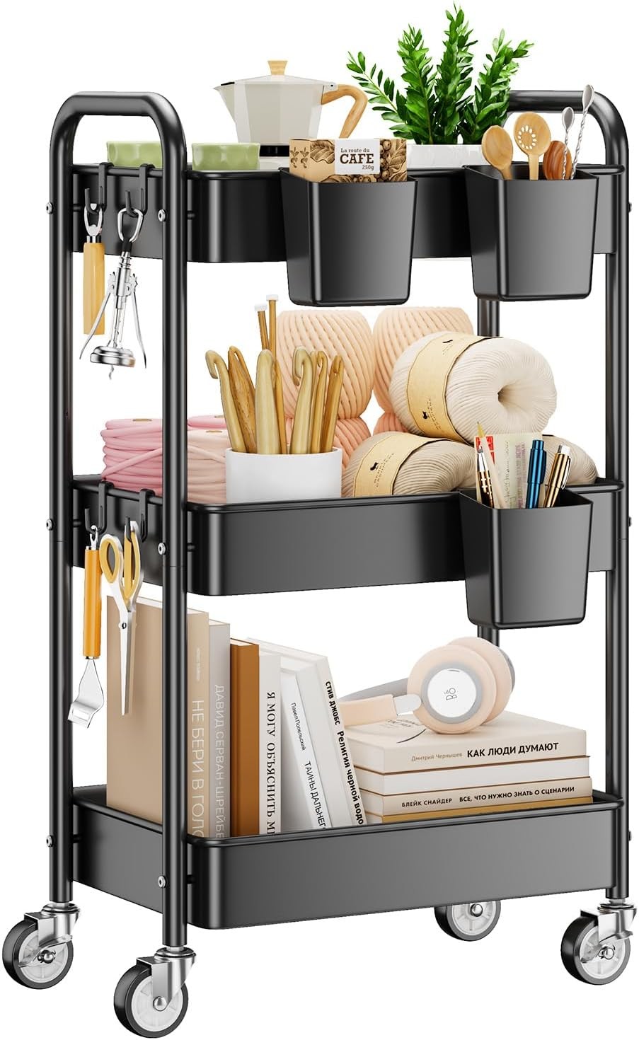 Metal mesh structure with wheels, cups and hooks, multi-use for kitchen,
