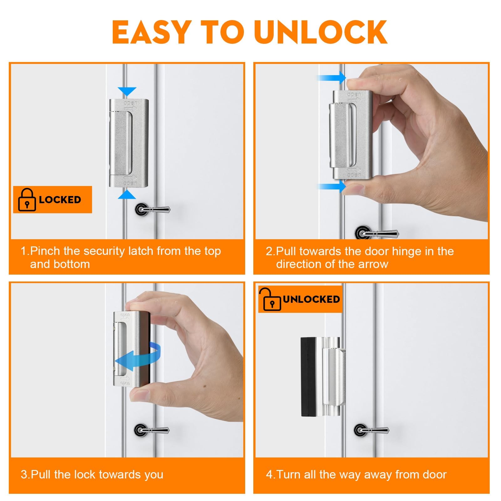 Home Security Door Reinforcement Lock, Upgraded Front 2 Pack, Silver