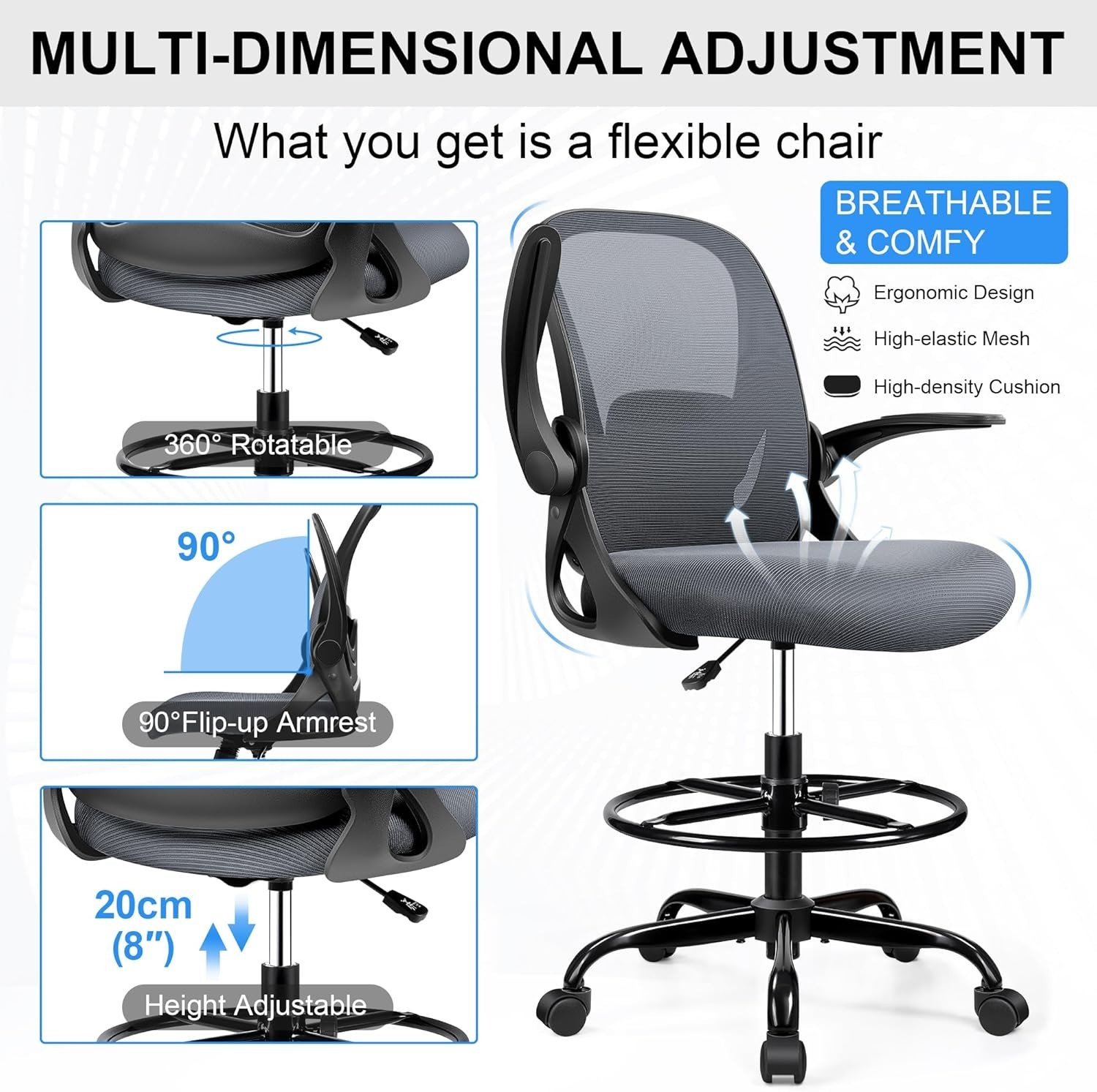 Office Drafting Chair with Flip-Up Armrests & Lumbar Support for Maximum Comfort