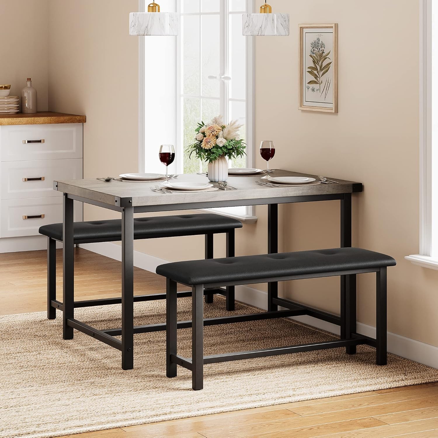 Black Dining Set Kitchen Room Table Set Dining Table and 2 Leather Benches Grey