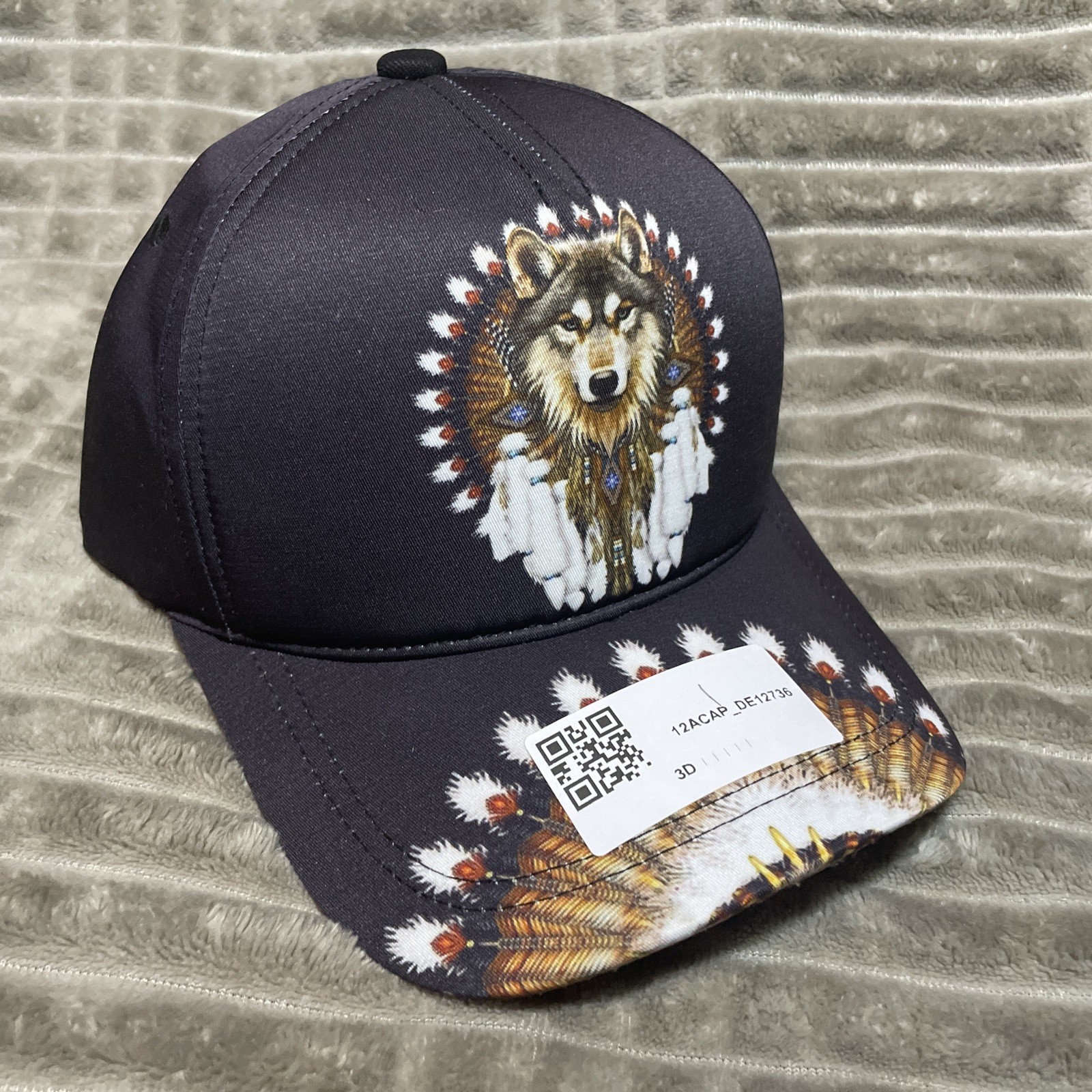 Wolf & Feather 3D Print Black Baseball Cap Adjustable Hat Men Women Outdoor Gift