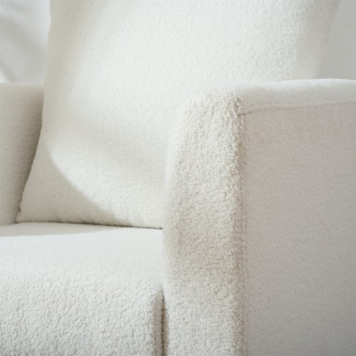 White Teddy Fabric Upholstered Club Chair Solid Wood Legs Lumbar Pillow Single