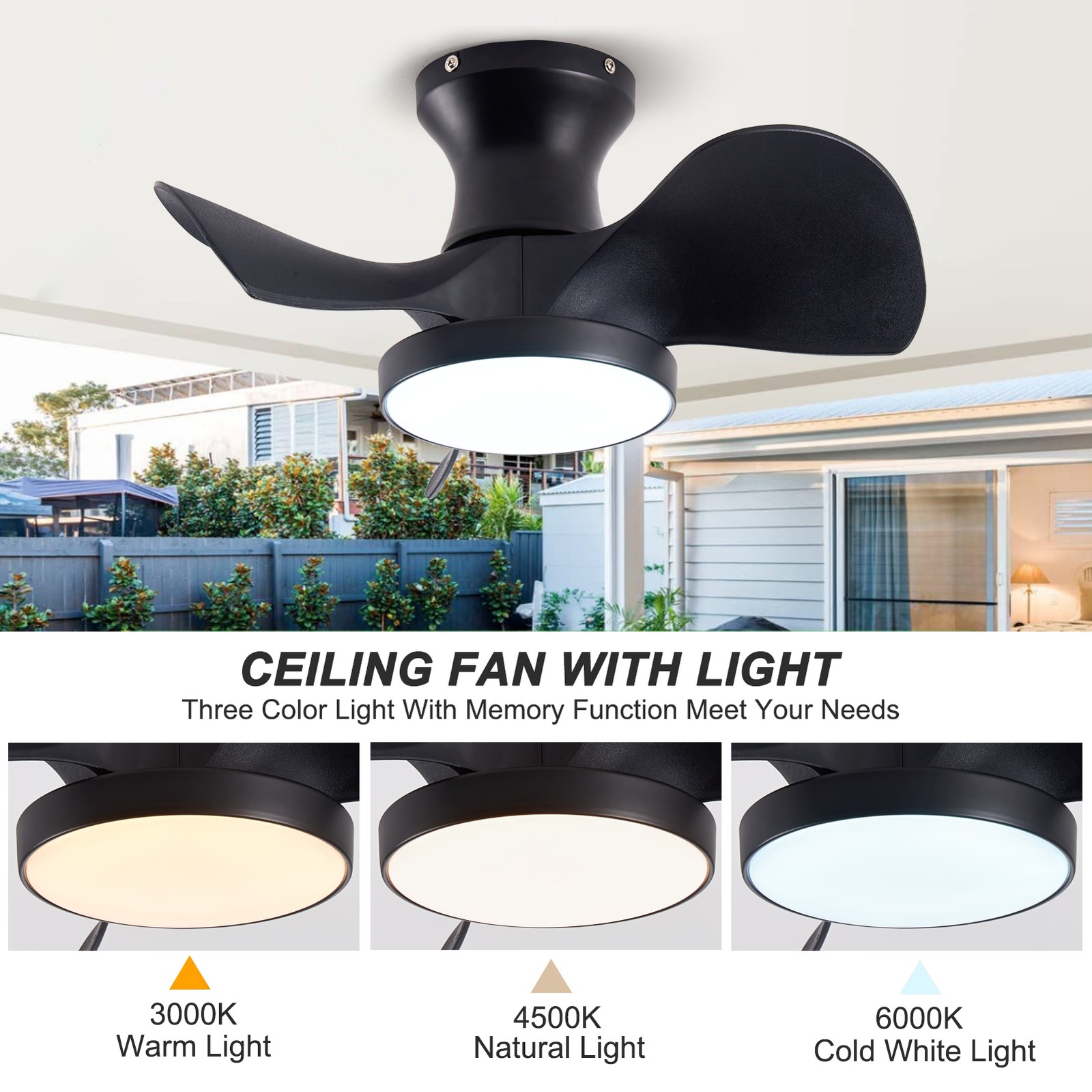 Ceiling Fan with 3 Color Temperatures Light and Remote Control DC Motor Powerful
