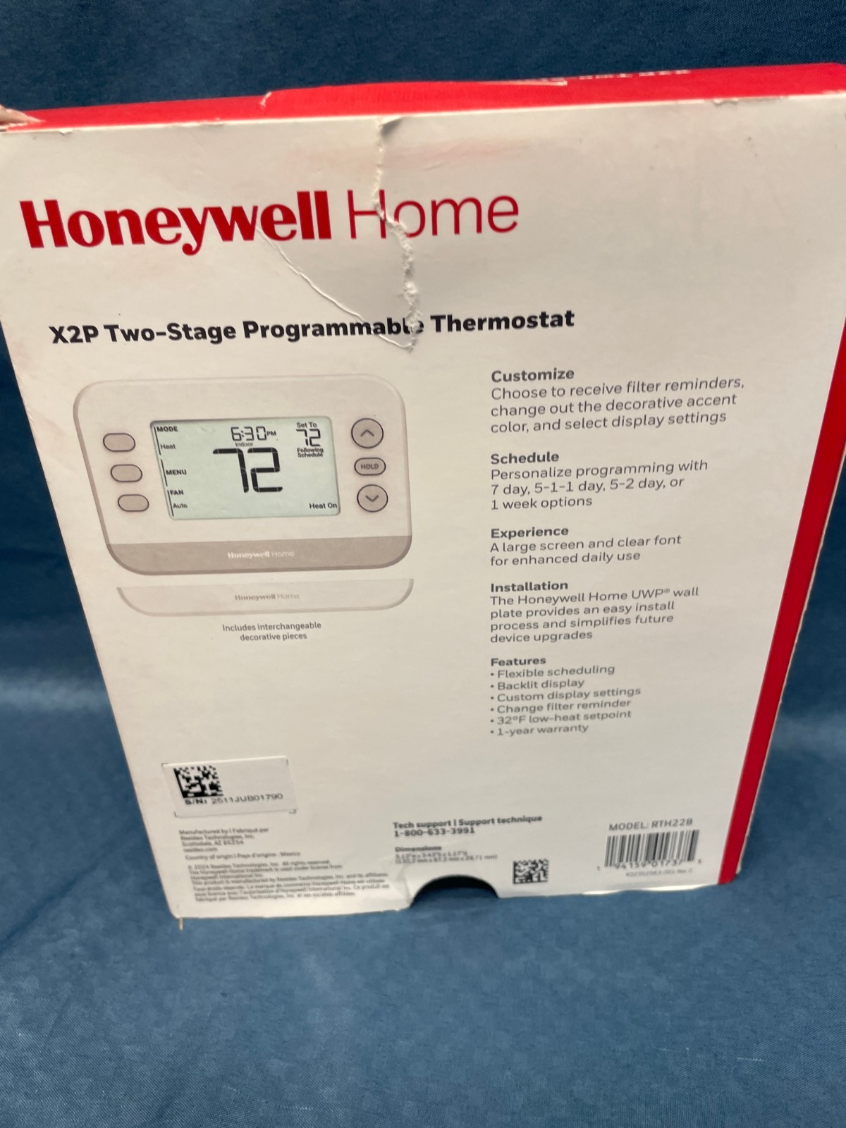 Honeywell Home X2P Two-Stage Programmable Thermostat Model RTH22B