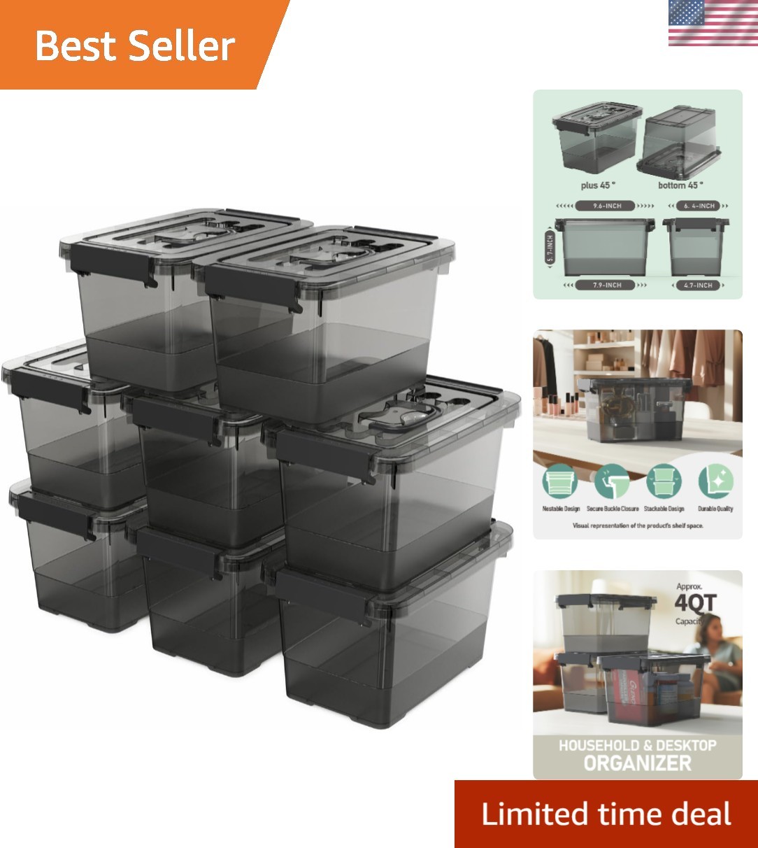 8 Clear Black Storage Latch Bins - Transparent, Multi-Purpose, 4 Quart Capacity