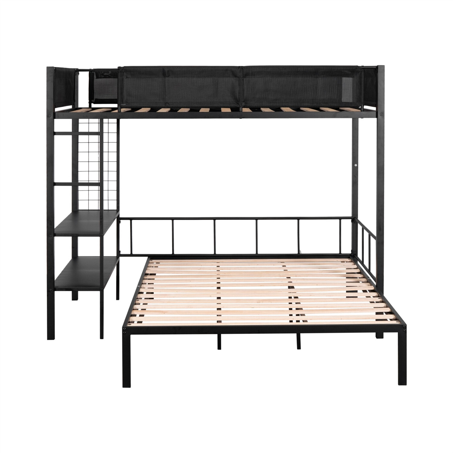 Twin Over Full Bunk Bed Metal Bed Frame with Storage Shelves Black US