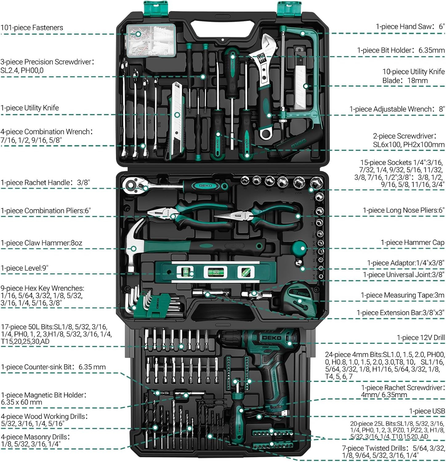 DEKOPRO Tool Set Tool Kit 12V Cordless Drill Hand Toolbox with Storage Case