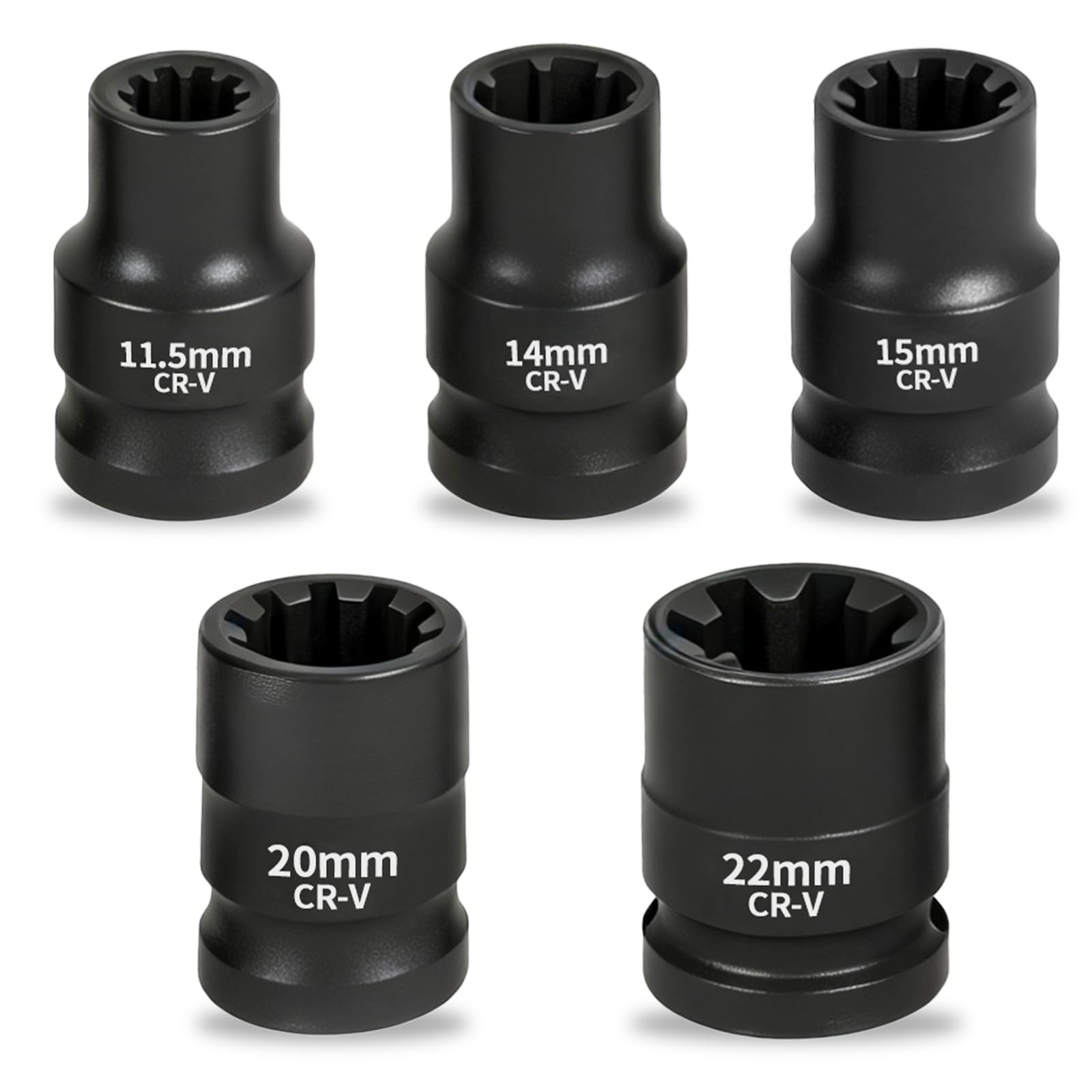 Brake Caliper Socket Set, 5-Piece 1/2" 11.5mm, 15mm, 20mm, 14mm, 22mm, Black