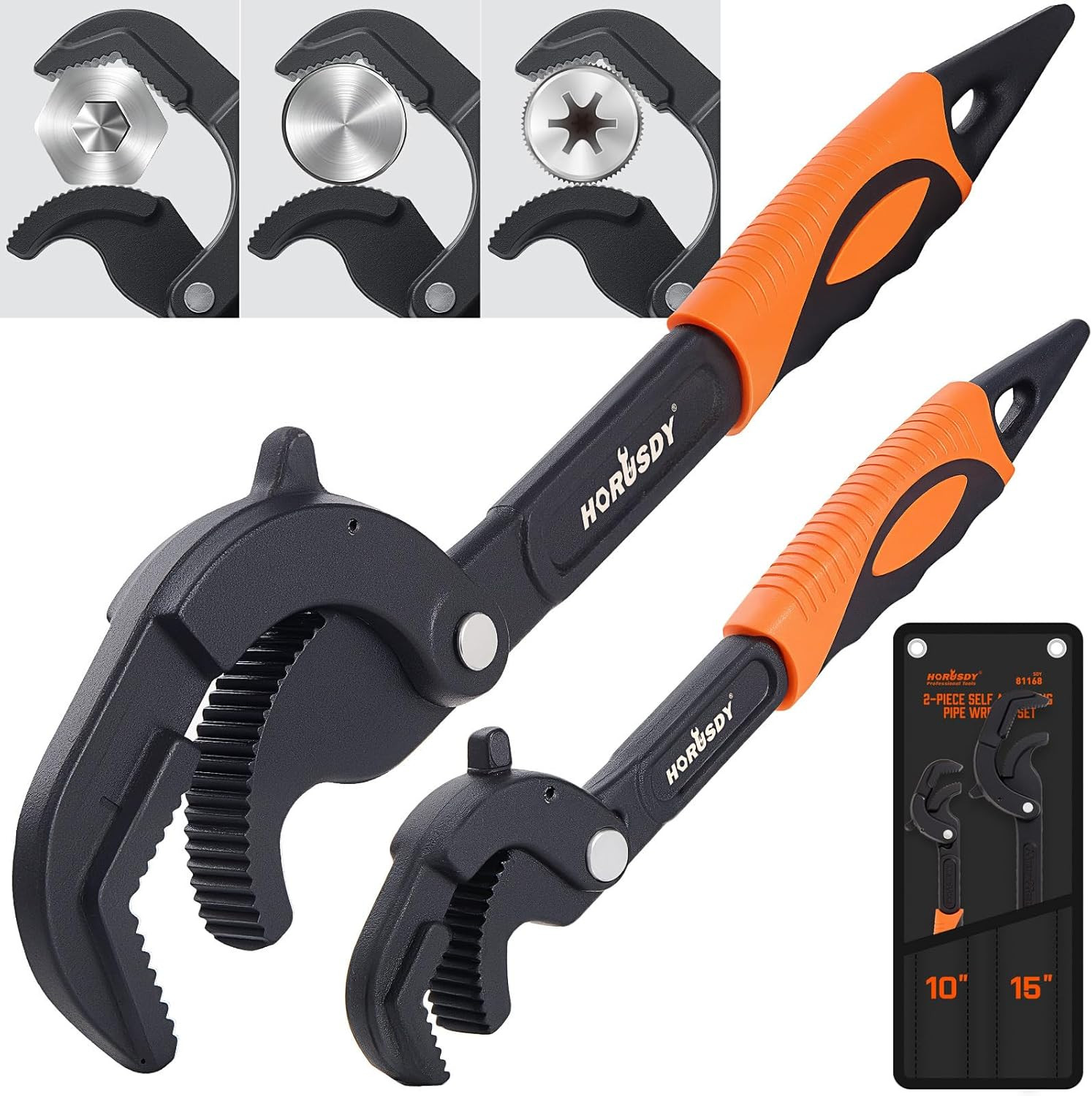HORUSDY Heavy Duty Self-Adjusting Pipe Wrench Set, 2-Piece Tool Kit