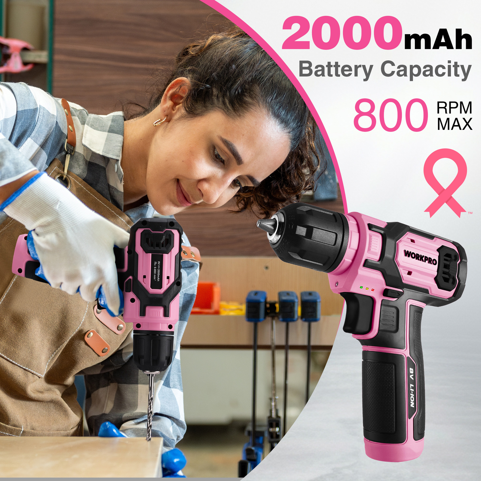 WORKPRO Pink 8V Cordless Drill Driver Set with 53pcs Bit Set 2.0Ah Battery New