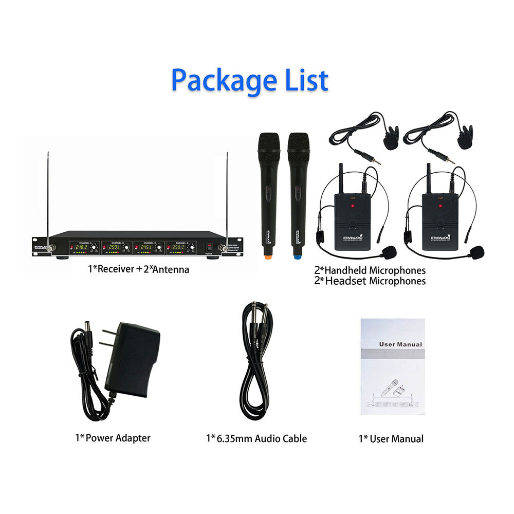 Wireless VHF Microphone System Handheld & Headset Lavalier Bodypacks Microphones