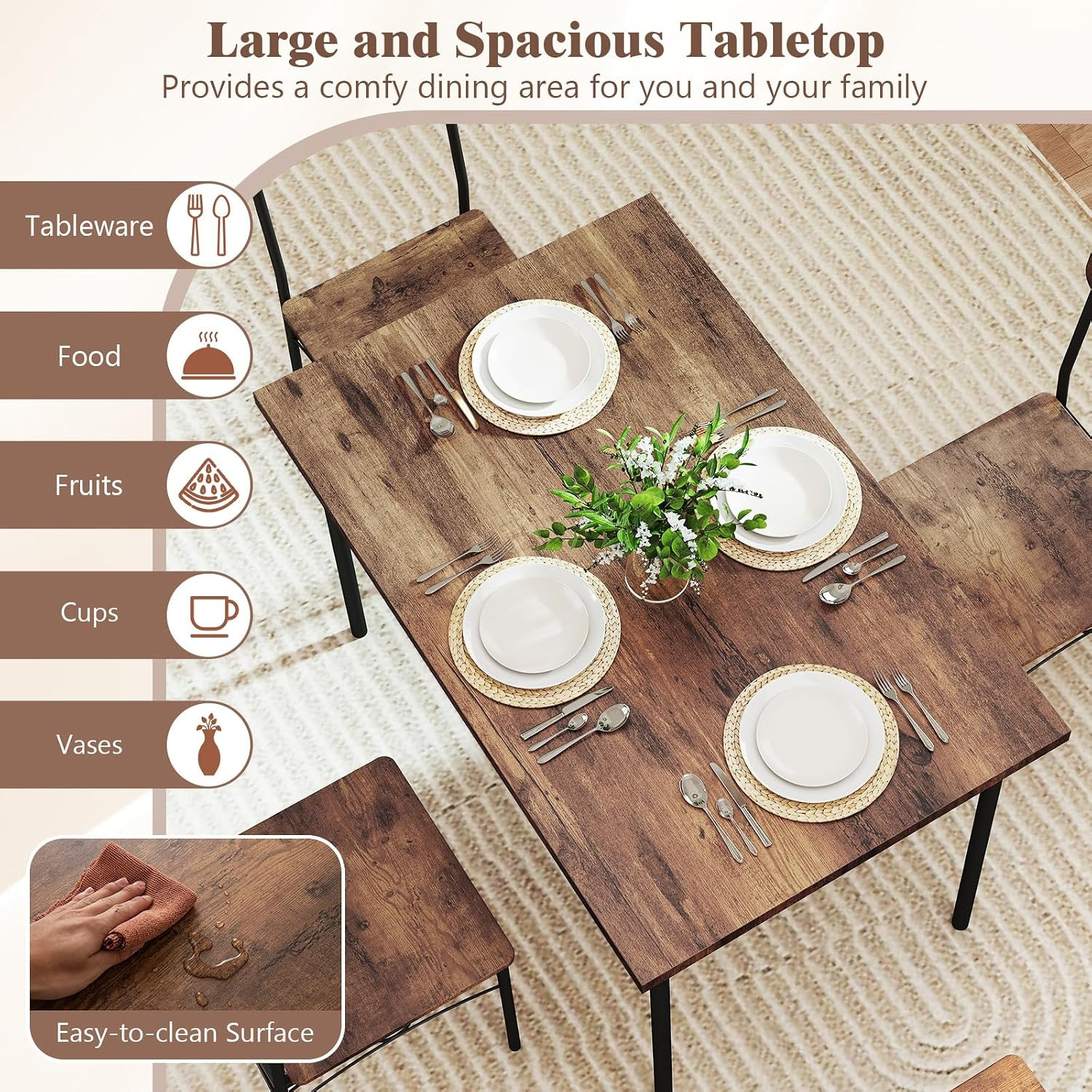 Dining Table Set for 4, Rectangle Kitchen Table and 4 Farmhouse Dining Chairs wi