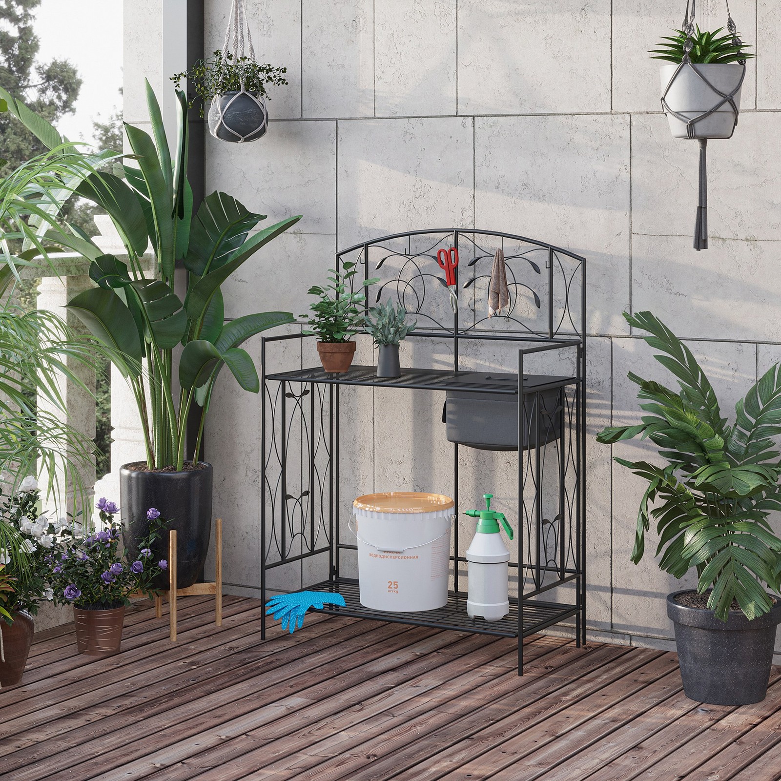 Garden Metal Potting Table Planting Bench Outdoor w/ Bag, Hook