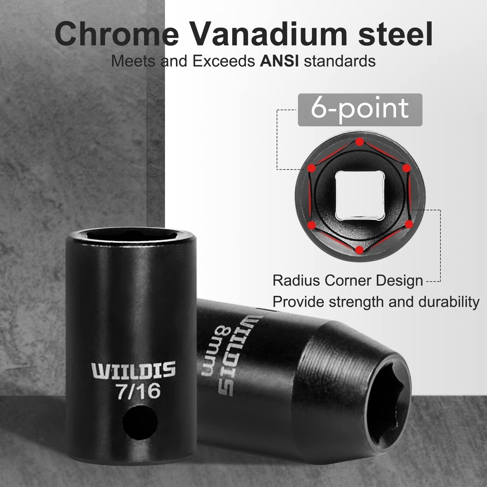 WIILDIS Impact Socket Set, 33-Piece, 3/8" Drive Socket Set with 72 Teeth Reve...