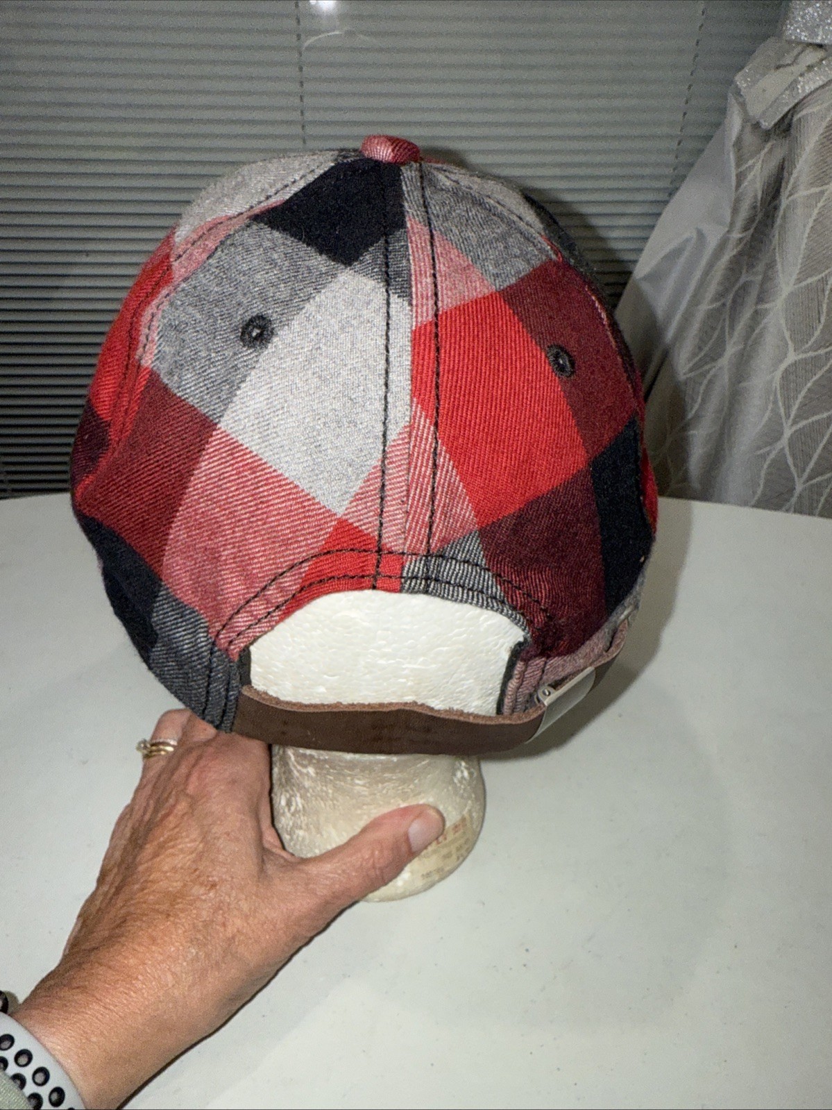 Eddie Bauer Red Black Gray Checked Flannel Hat Cap Leather Strap Buckle