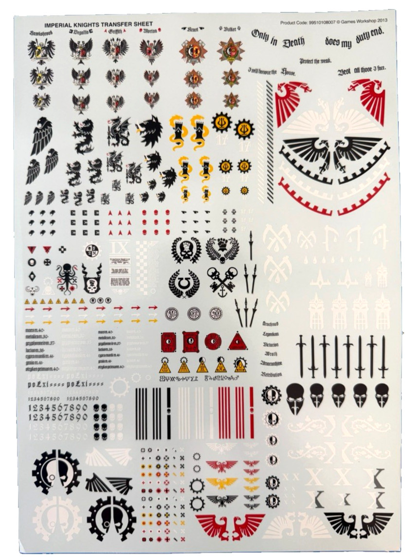 Forge World Imperial Knight Transfer Sheet OOP Warhammer 40k Heresy 99510108007