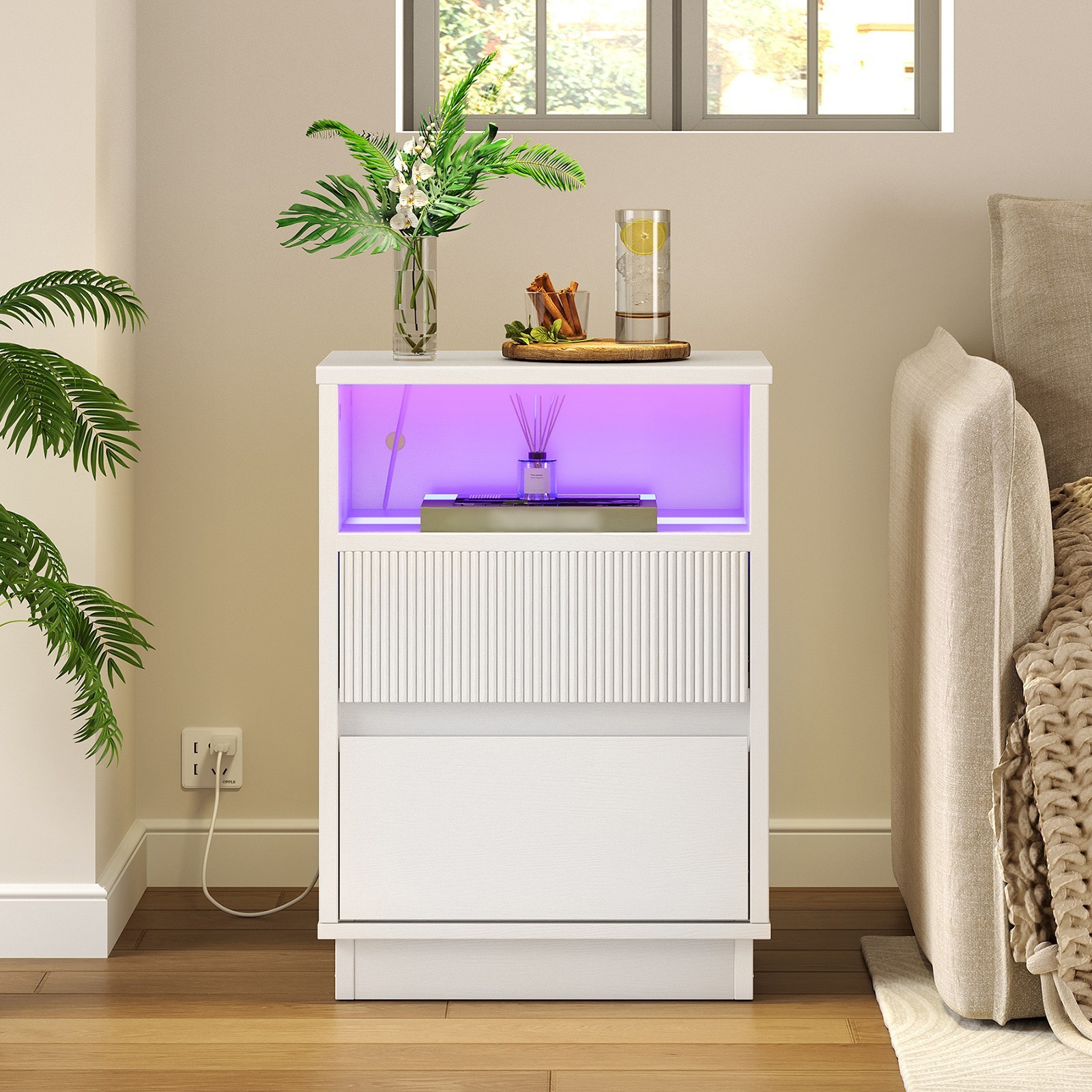 End Table with LED Light Strip Side Table w/ 2 drawers 15.7” x 11.8” x 23.8”