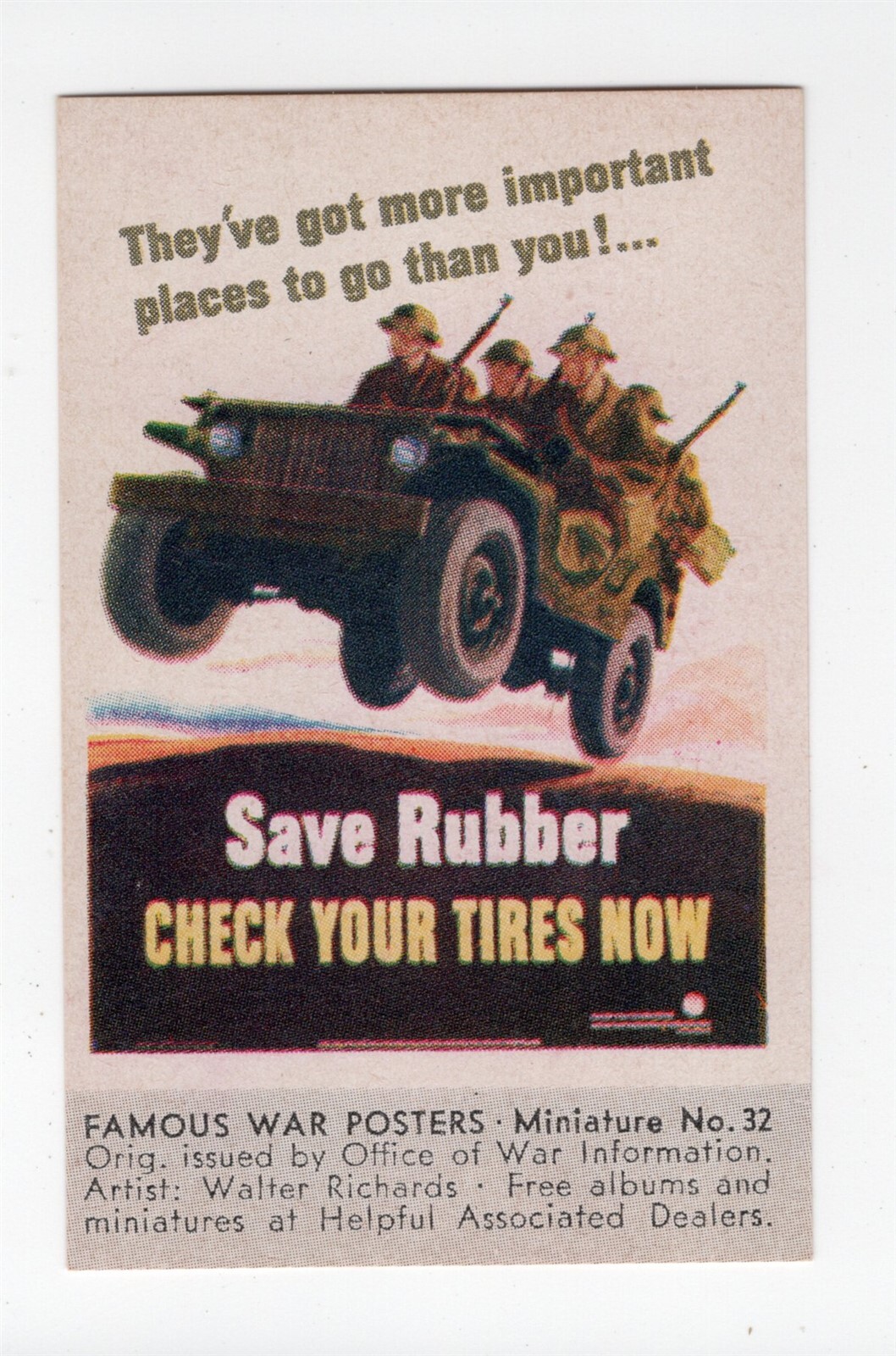 ORIGINAL WW II POSTER STAMP/MINIATURE PRINT # 32 MILITARY JEEP TIDEWATER OIL CO