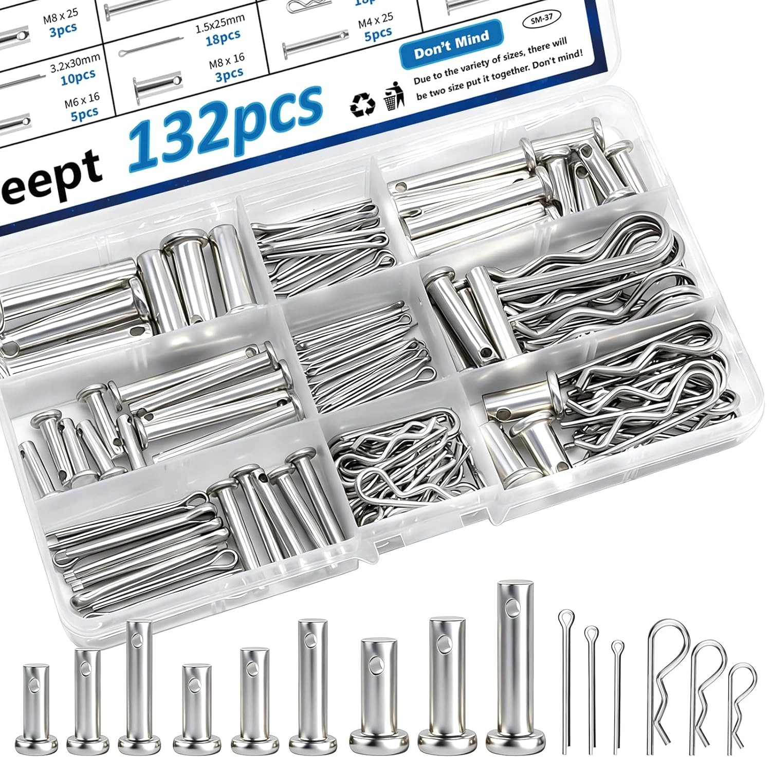 132Pcs Clevis Pins 304 Stainless Steel Cotter Pin Hair Pin Carbon Steel Single H