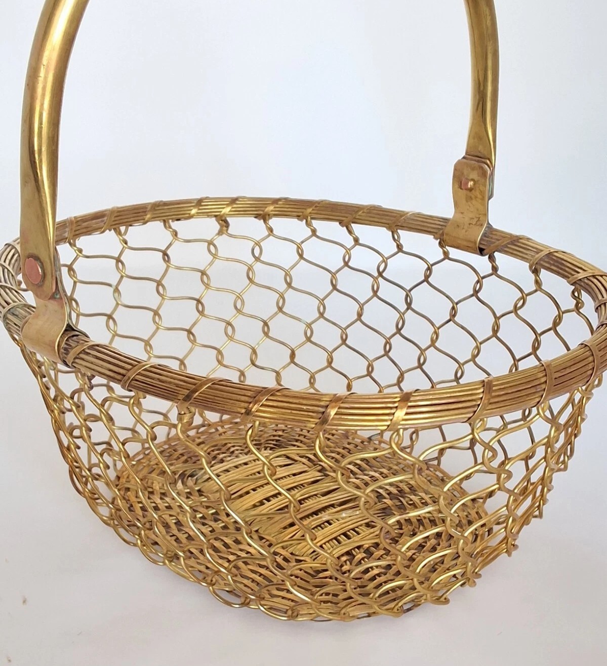 Oval BRASS Wire Woven BASKET Movable Folding Handle Weave Decorative INDIA