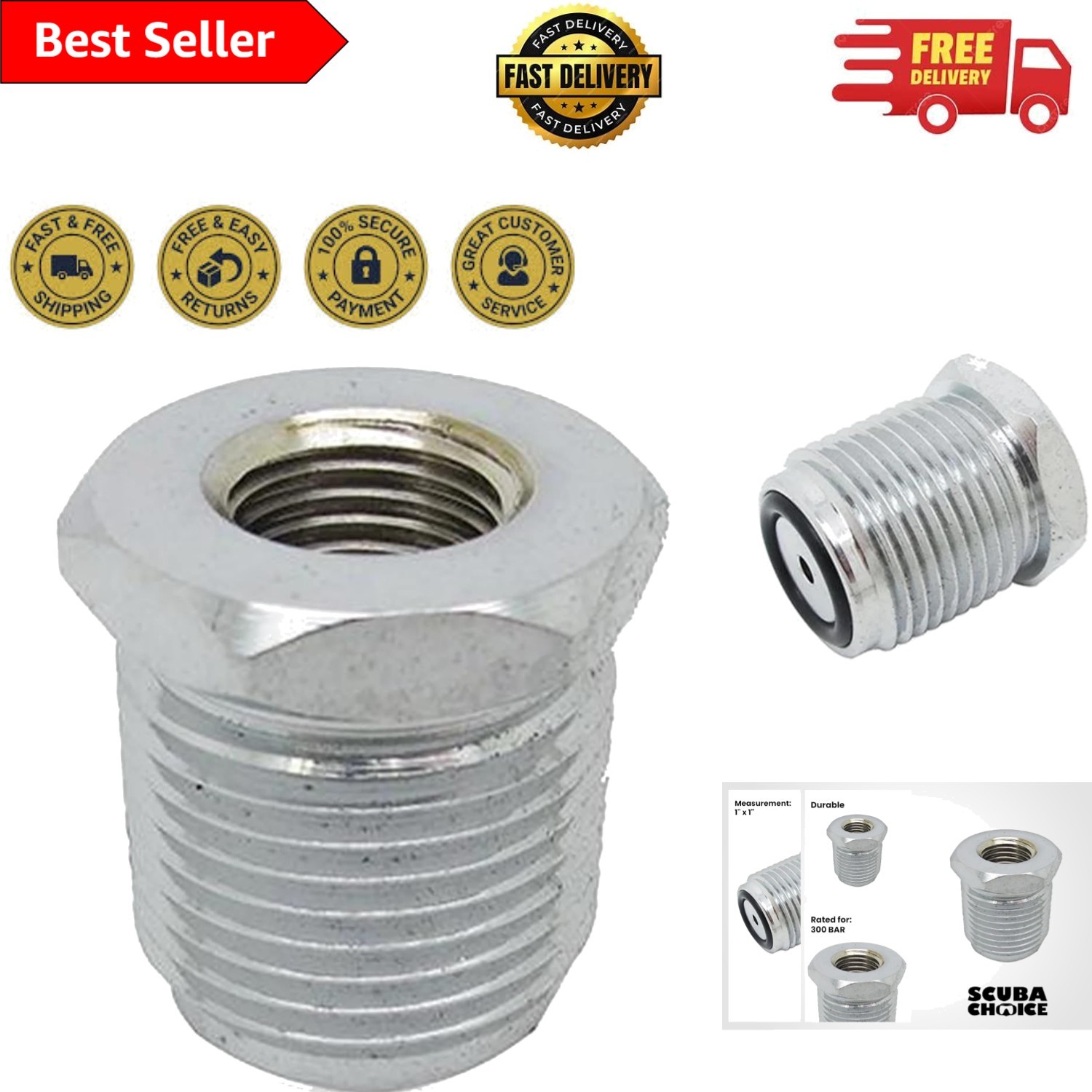 Lightweight Stainless Steel 1/4 NPT to Male DIN Dive Adapter – 1" Size