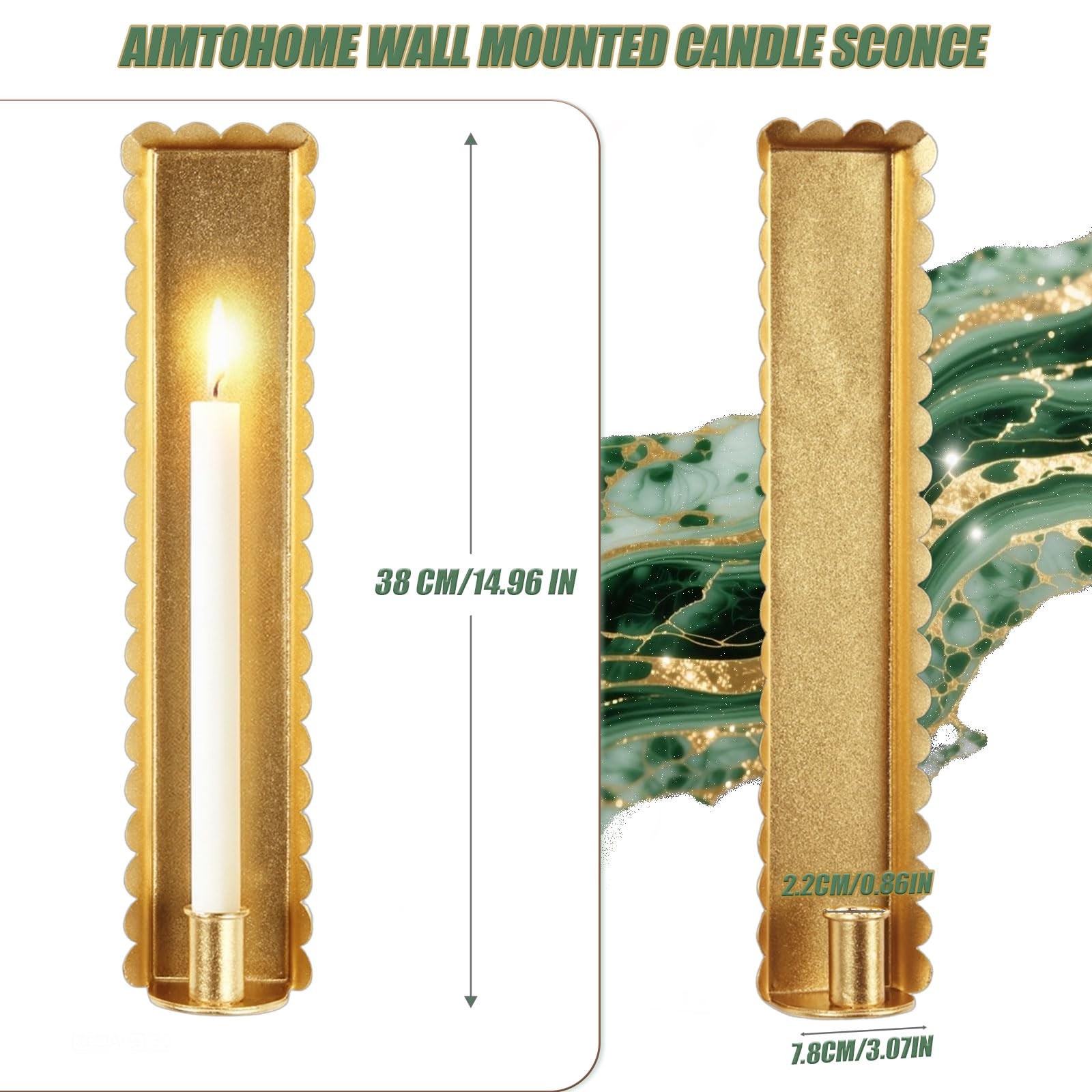Gold Wall Candle Sconces Set of 2, Scalloped Edge Box-Shaped Cast Iron Farmho...