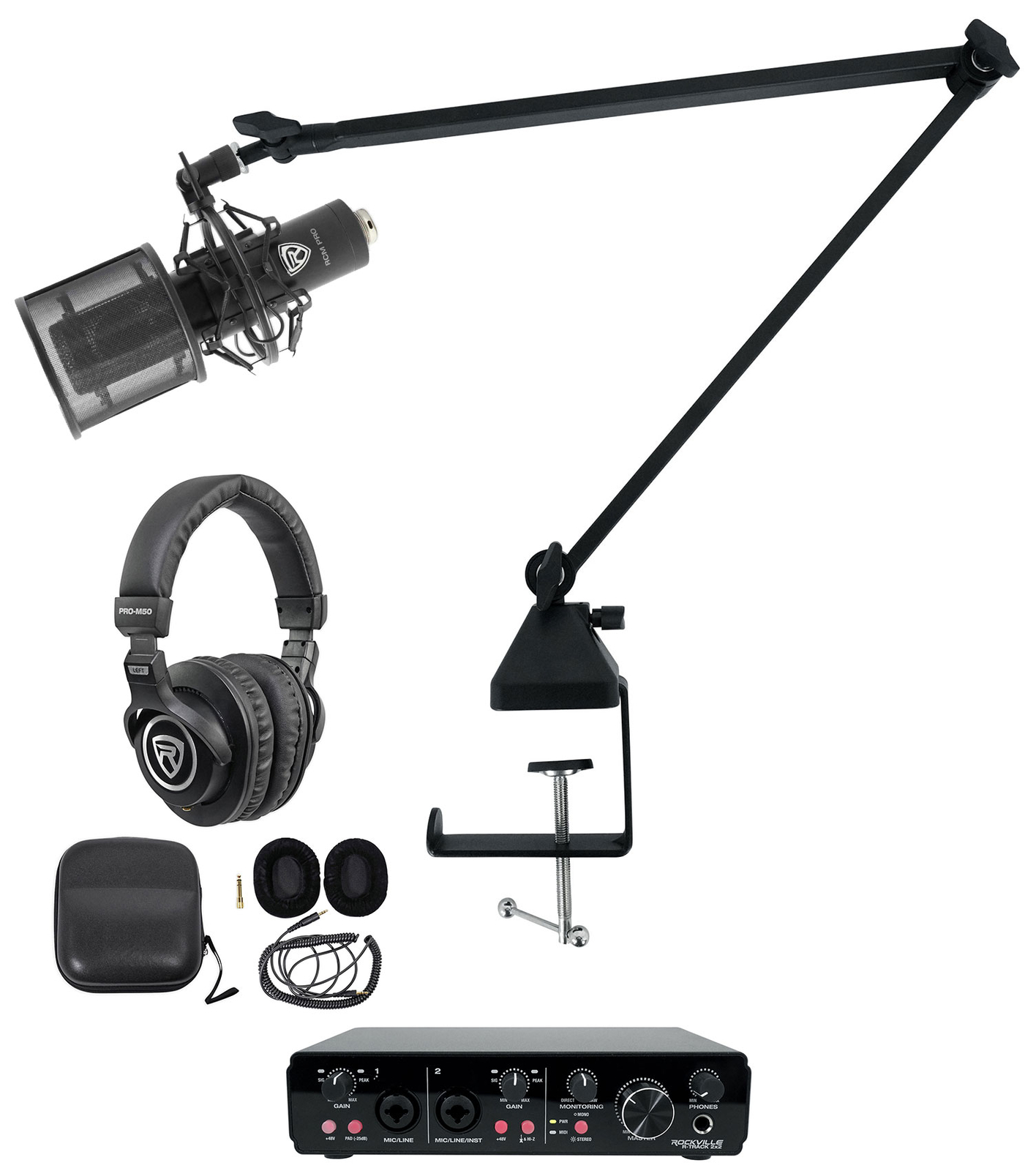 Rockville R-TRACK 2x2 1-Person Podcast Kit w/ RCM PRO Microphone+Boom+Headphones