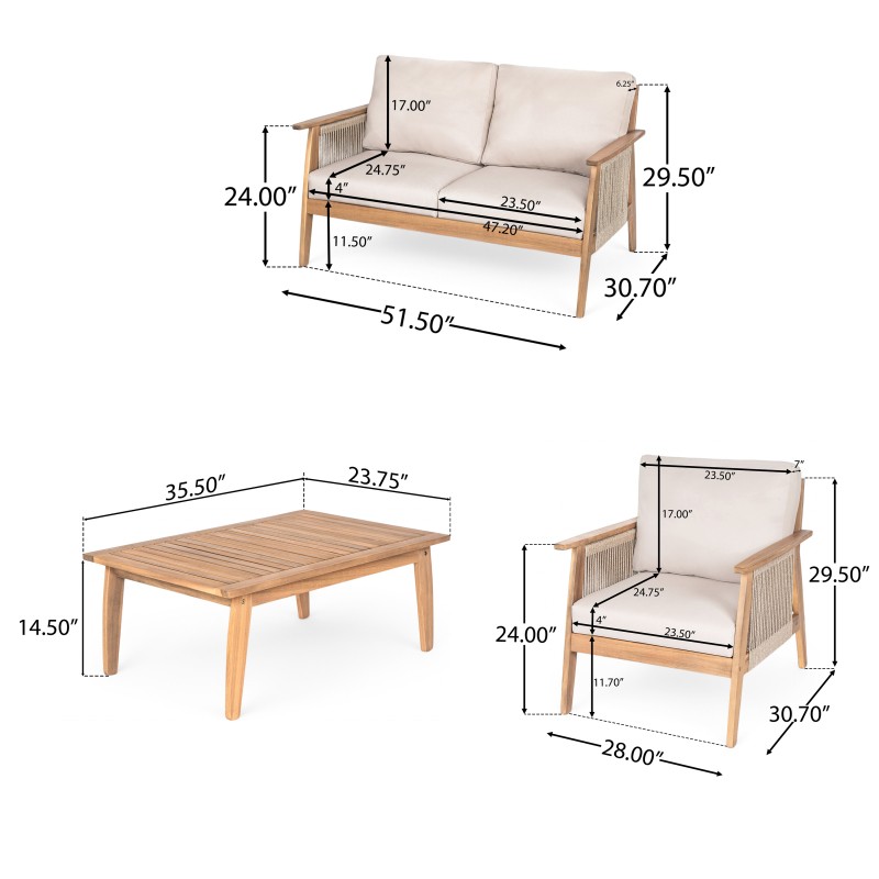 4-Piece Acacia Wood Rope Outdoor Sectional Patio Sofa Set Beige Teak