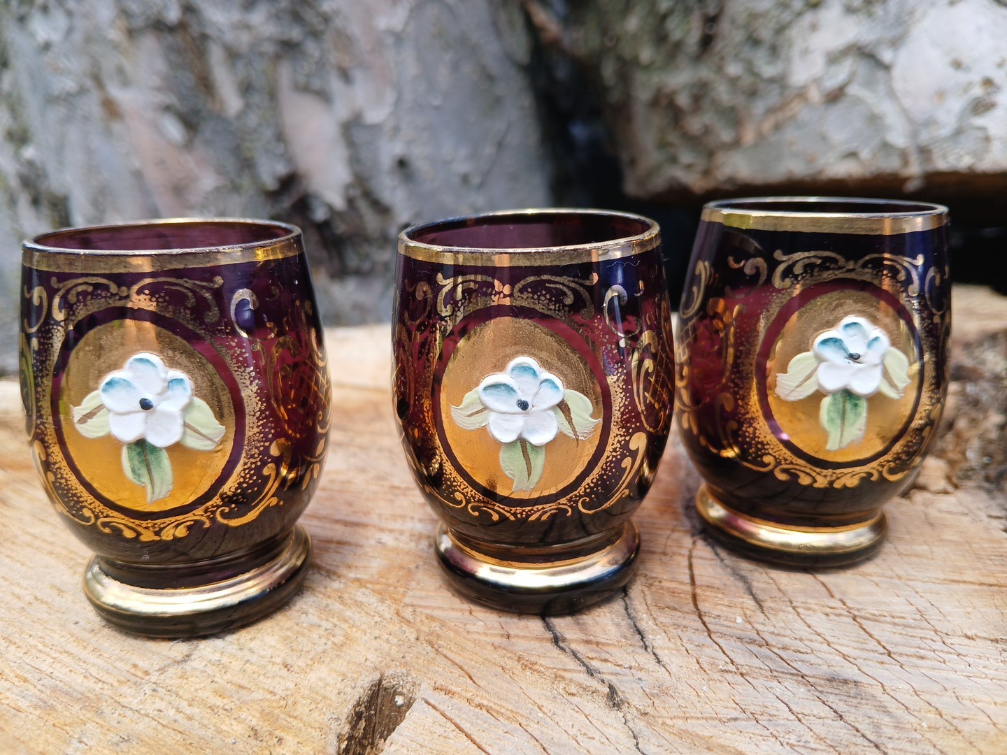 Bohemian Purple Glass 3 Shot Glass 2" Painted Gold & Flowers Replacments