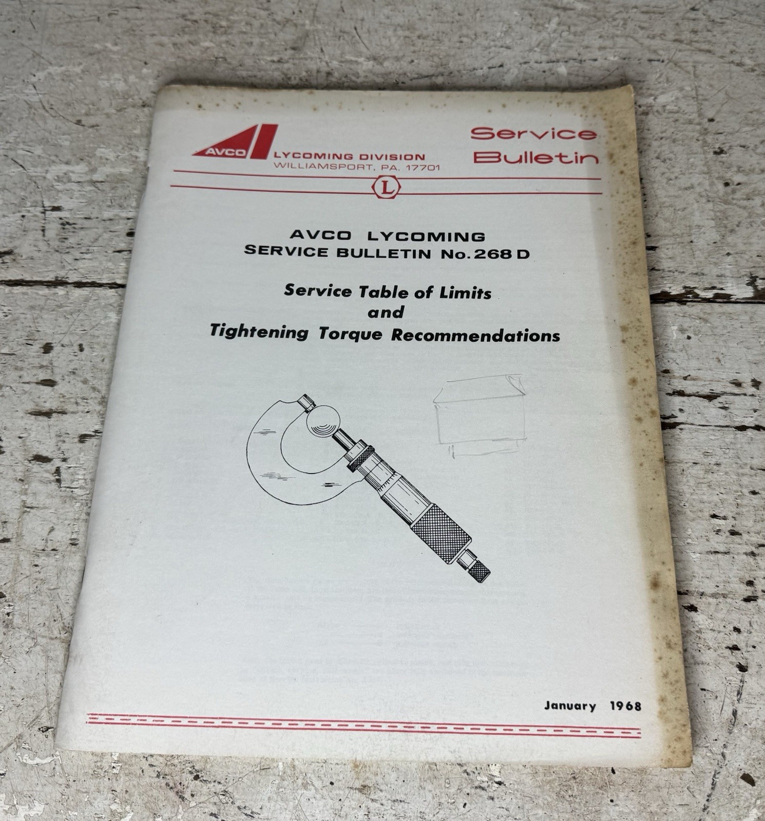 Vintage 1968 AVCO LYCOMING Service Bulletin No 268D Limits Torque Specs Manual