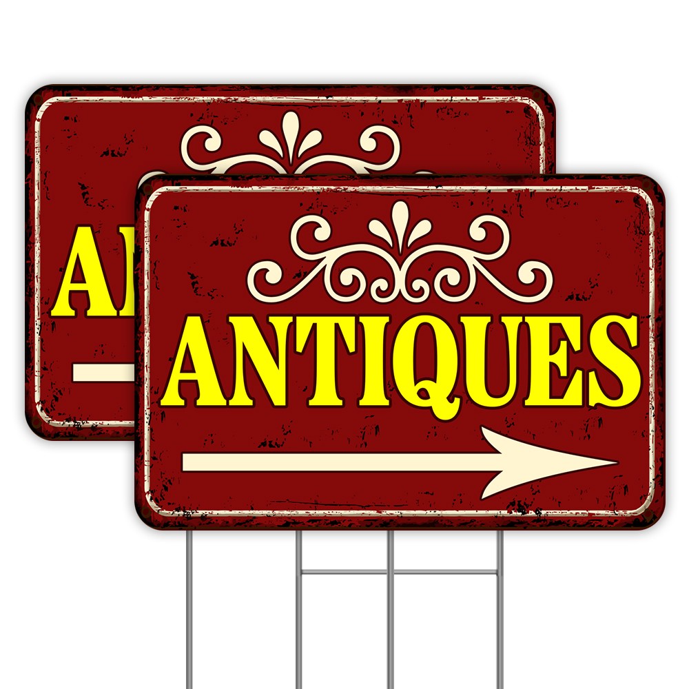 Antiques (Arrow) 2 Pack Double-Sided Yard Signs 16" x 24" with Metal Stakes (Mad