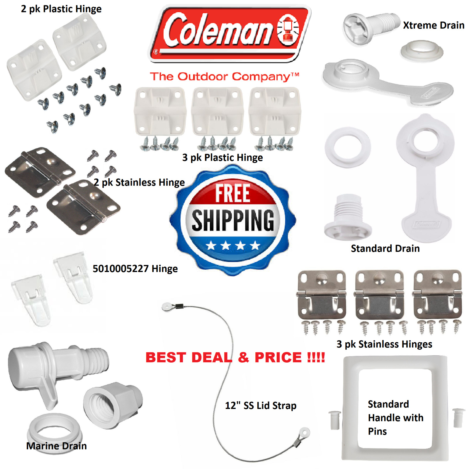 COLEMAN COOLER HINGES DRAIN PLUG LID STRAP HINGE CAP LATCH STAINLESS STEEL
