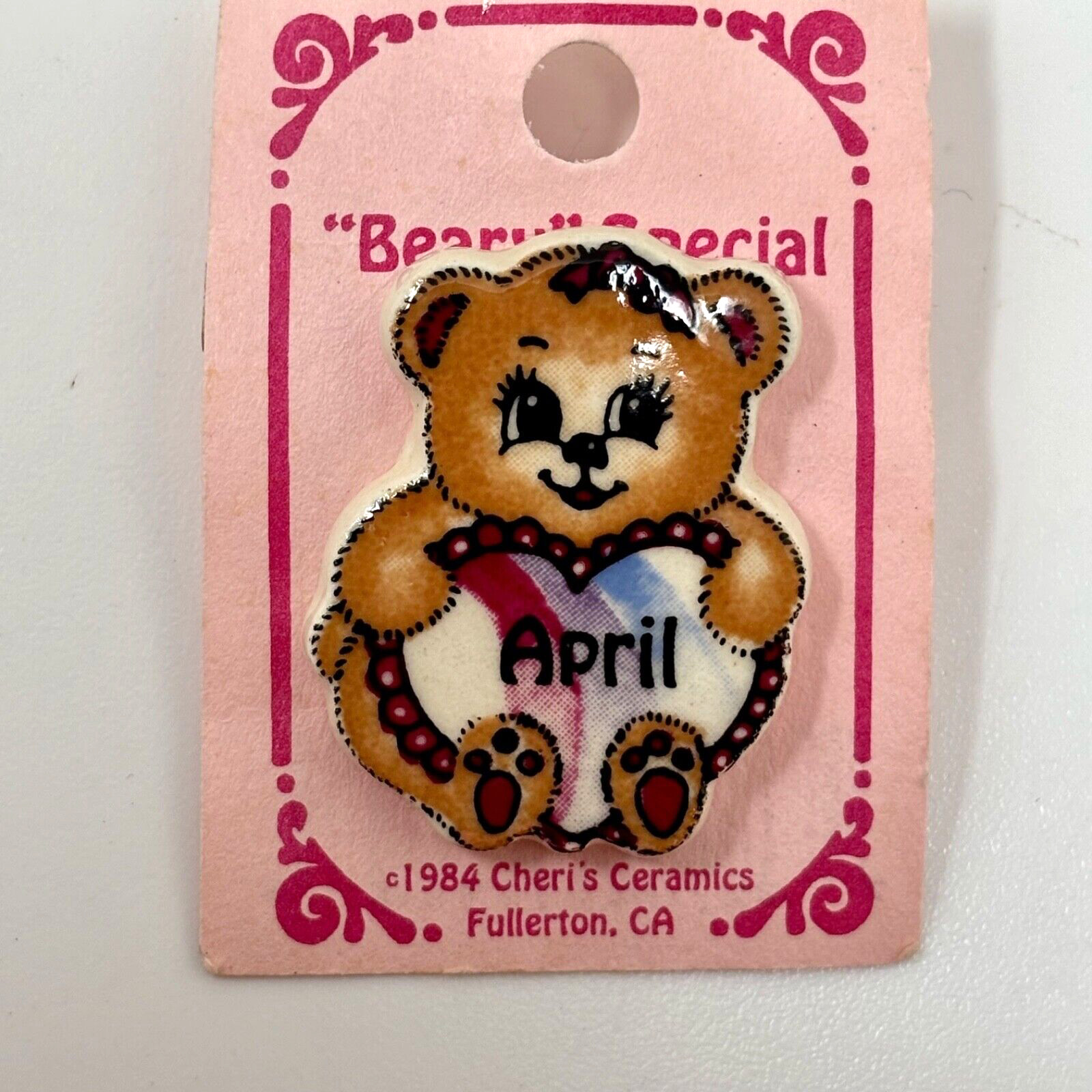 Cheri's Ceramics Beary Special Ceramic Bear Pin Brooch April with Heart 1984