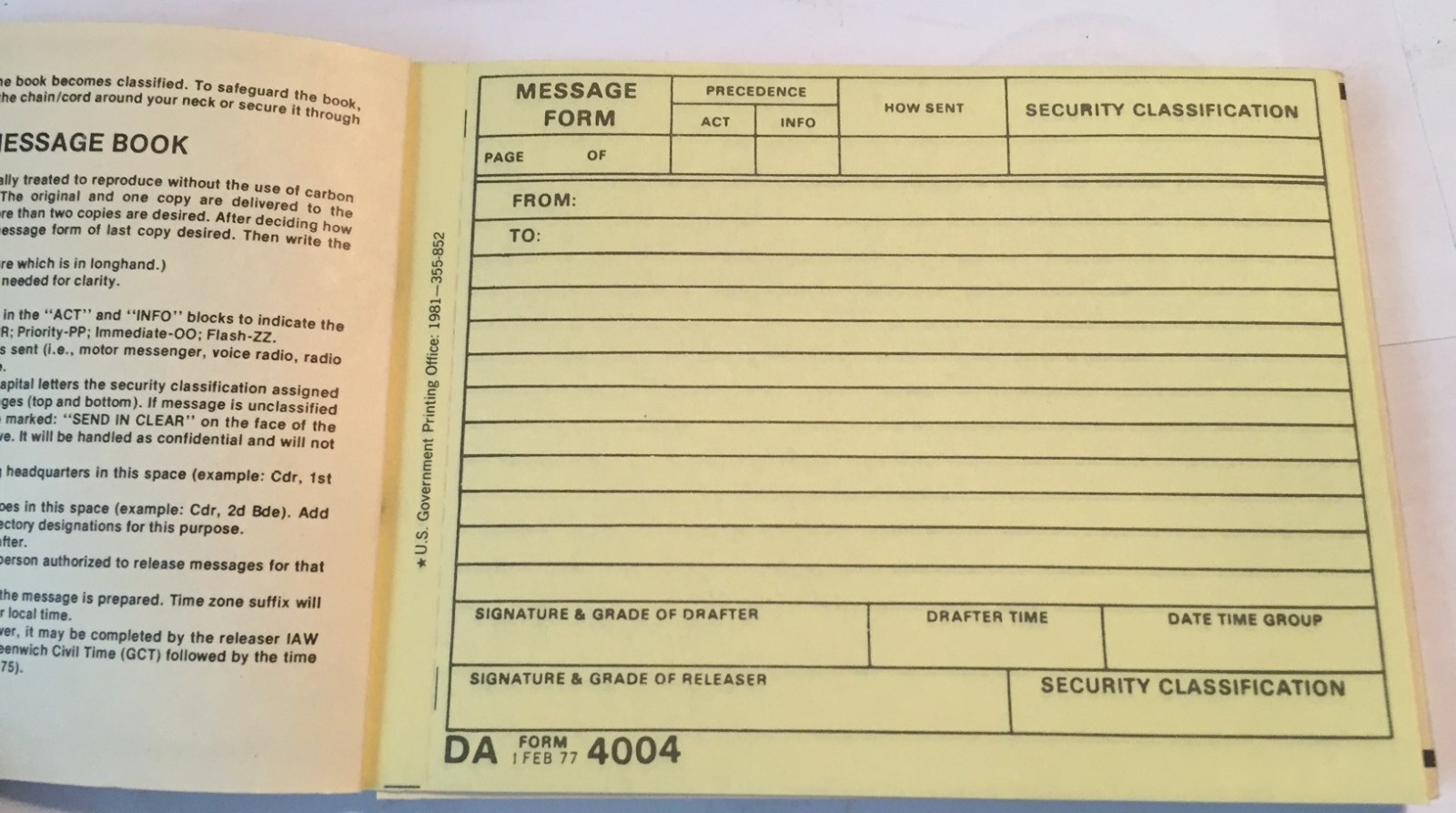 Army Message Book, DA Form 4004, 1977