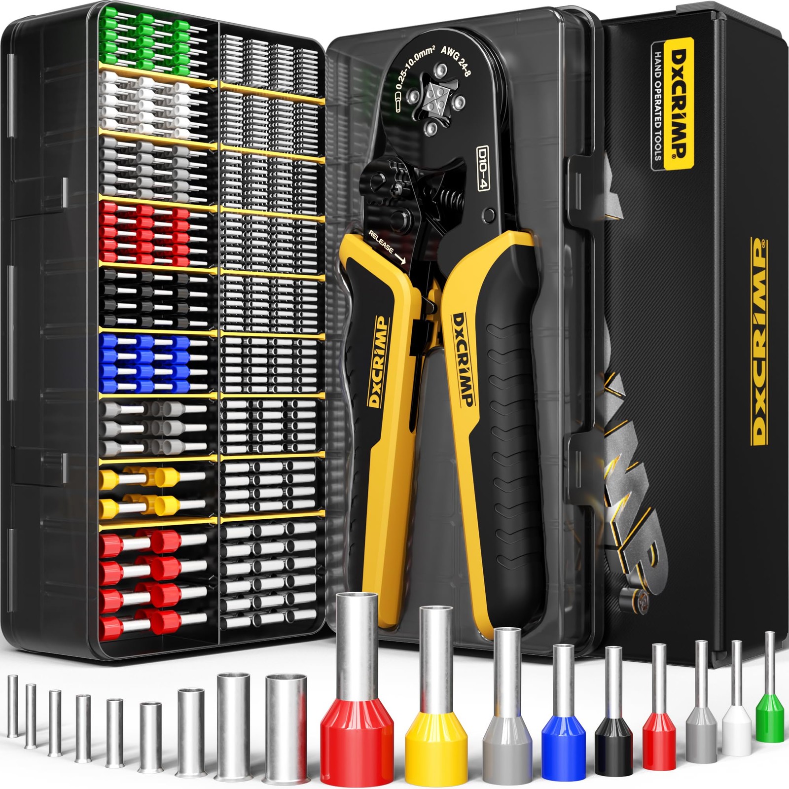 DxCRIMP Ferrule Crimping Tool Kit, Ratchet Pliers for 24-8 AWG 16, Metallic