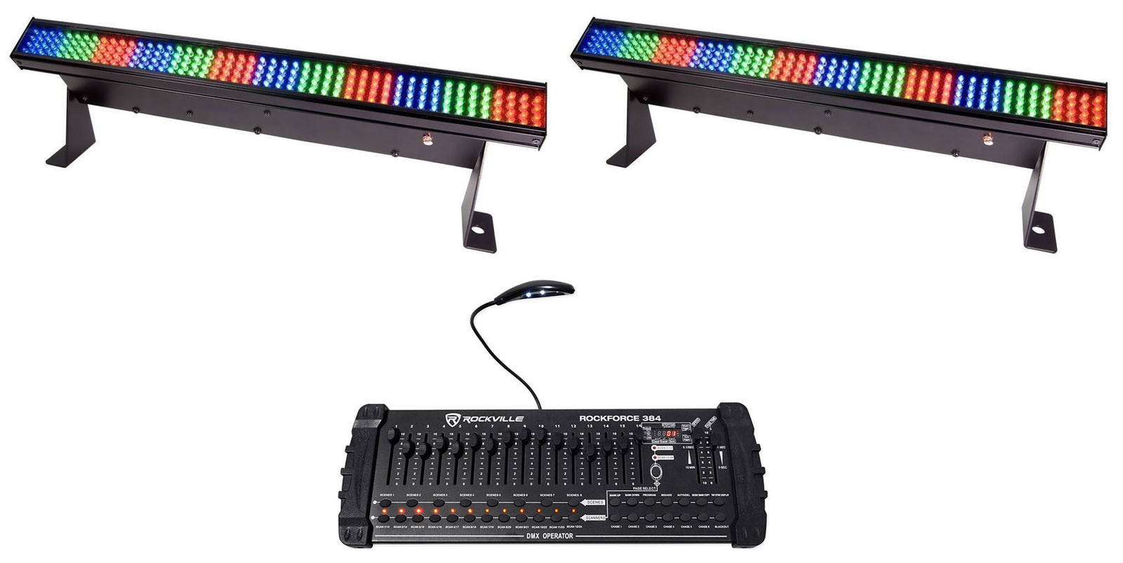 2) Chauvet COLORSTRIP LED DJ Light Bar Effect Color Strips+384 Ch DMX Controller