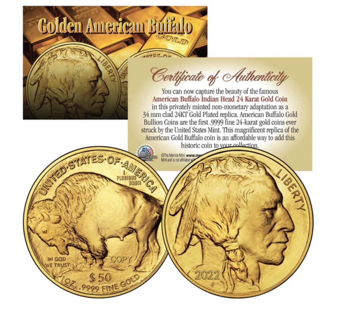 2022 24K GOLD CLAD $50 AMERICAN GOLD BUFFALO INDIAN HEAD TRIBUTE COIN