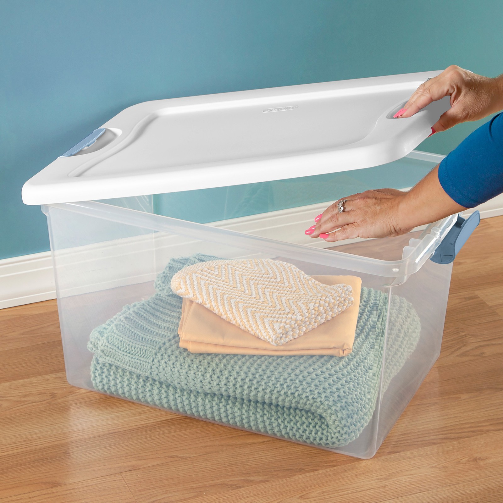 Sterilite 64Qt Latching Box Stackable Storage Container with Lid, White, 12 Pack