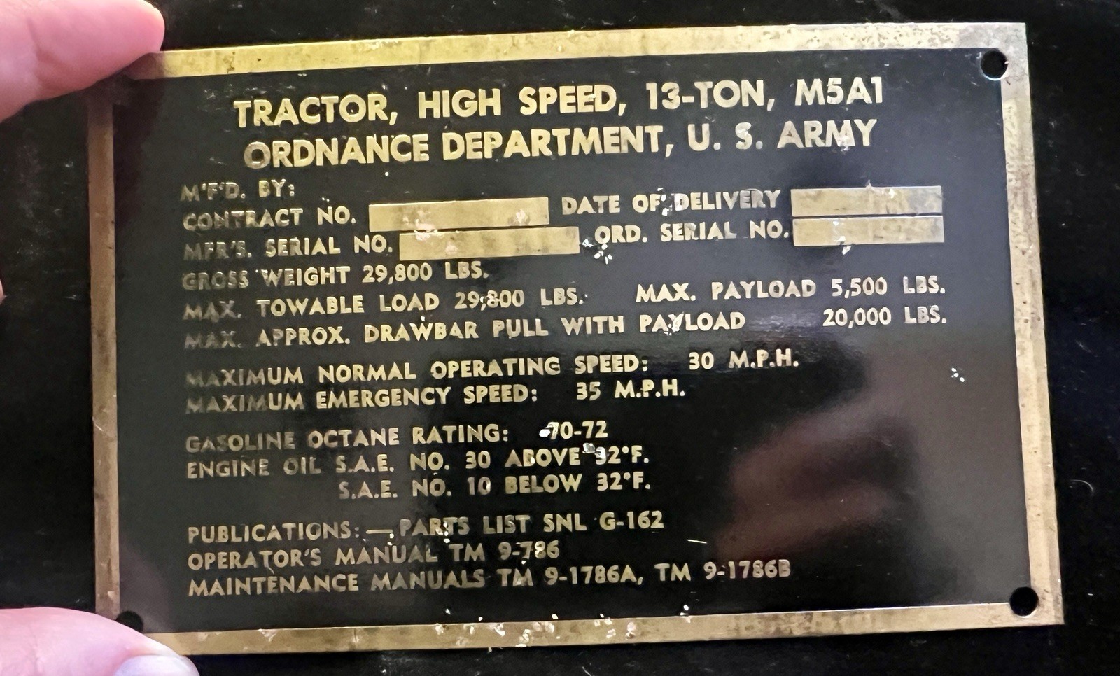 M-5,G162 High Speed Tractor Brass Data Plate, Blank,Orig WWII Wartime Production