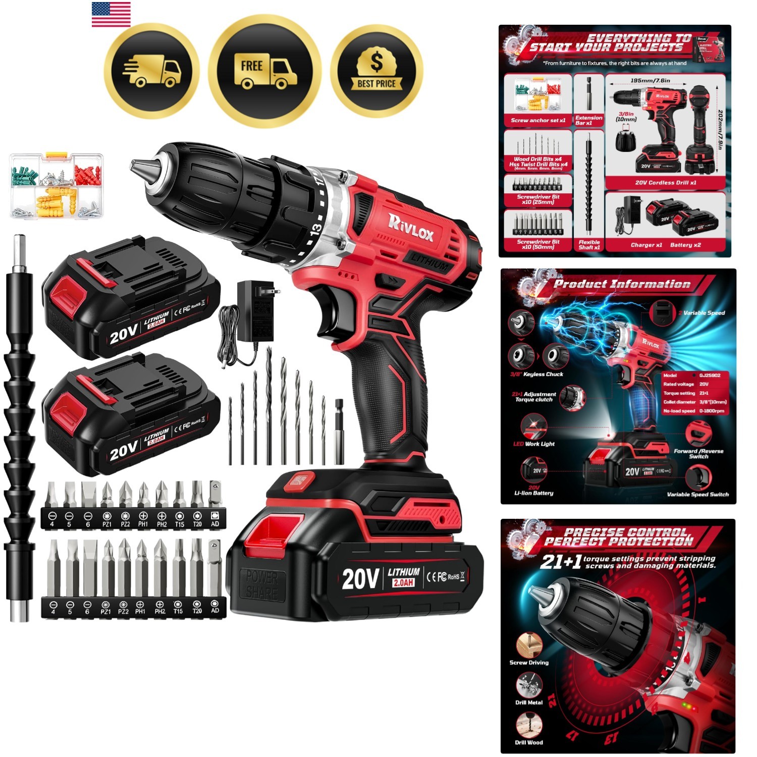 20V Cordless Drill Set,Electric Power Drill Cordless,Power Drill Drivers,Elec...