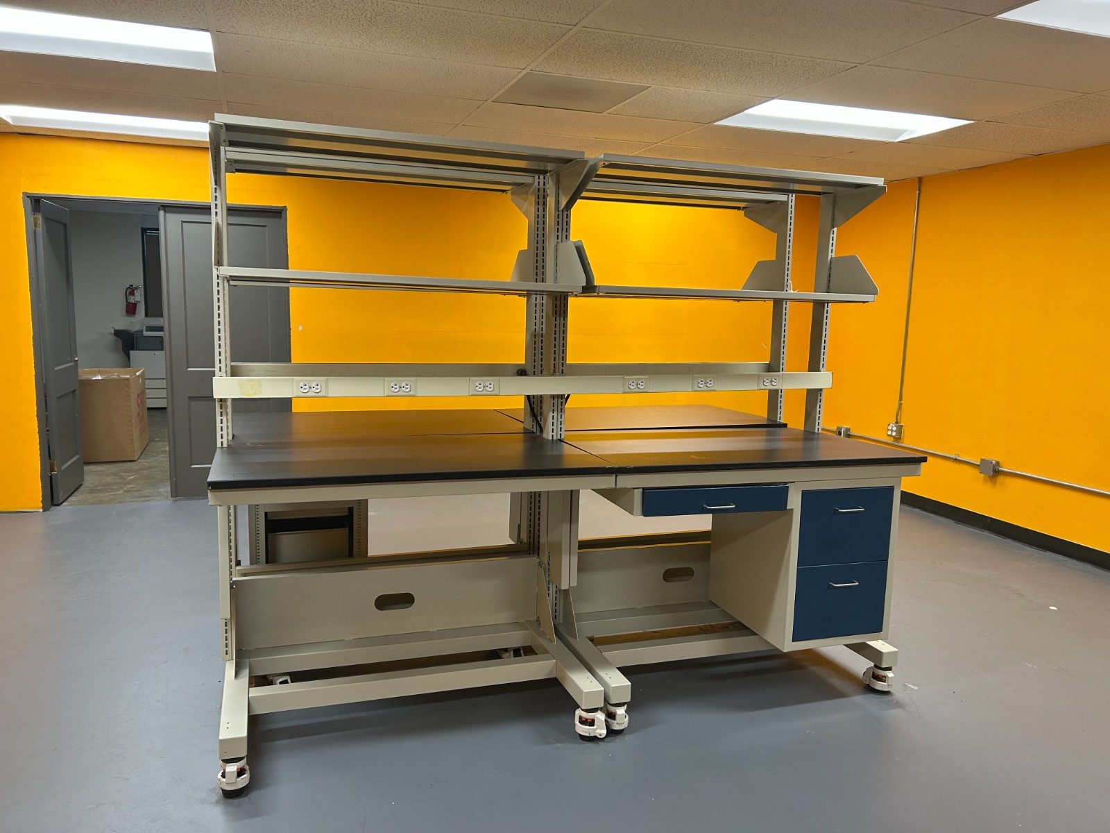 Two (2) 8FT Mobile Laboratory Benches - Double-Sided with Shelves.