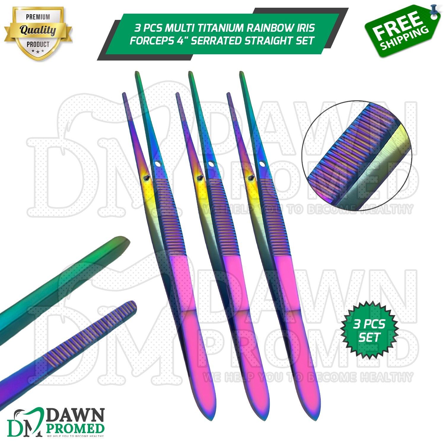 3 Pcs Multi Titanium Rainbow Iris Forceps 4" Serrated Straight Ophthalmic Set